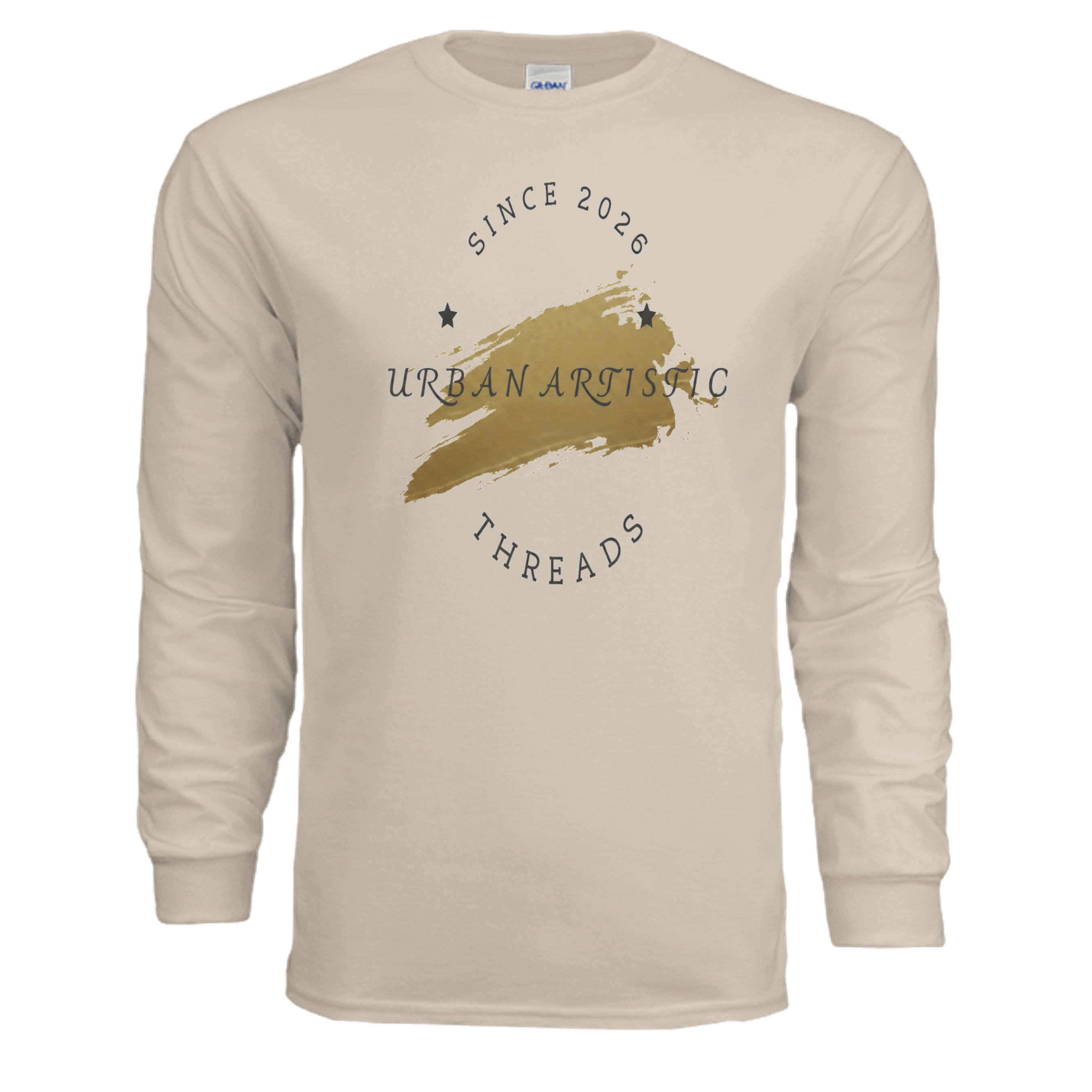 Urban Artistic Threads Signature Logo Long Sleeve Tee on beige fabric with gold brush stroke.
