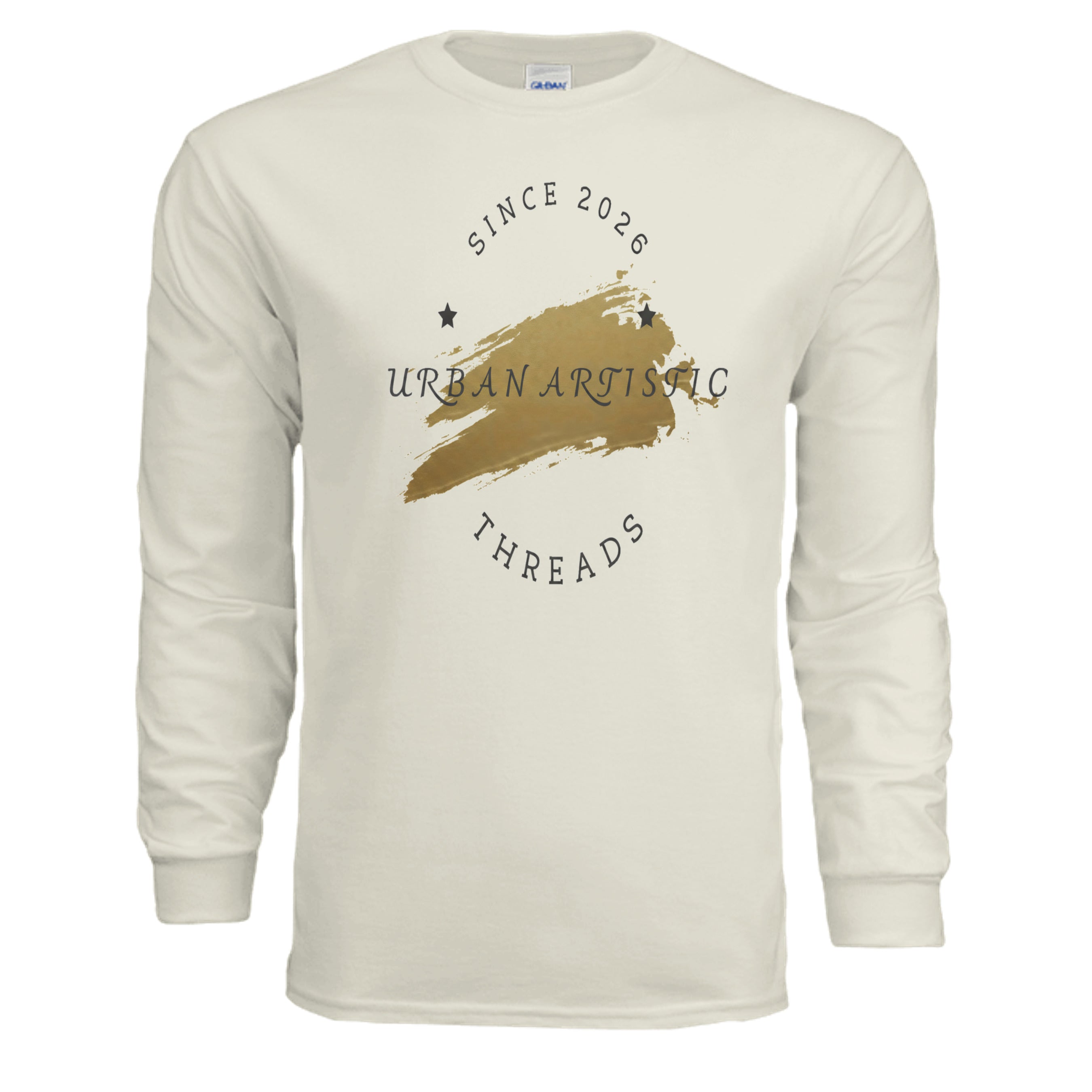 Urban Artistic Threads ivory long-sleeve tee with gold brush stroke graphic and signature logo