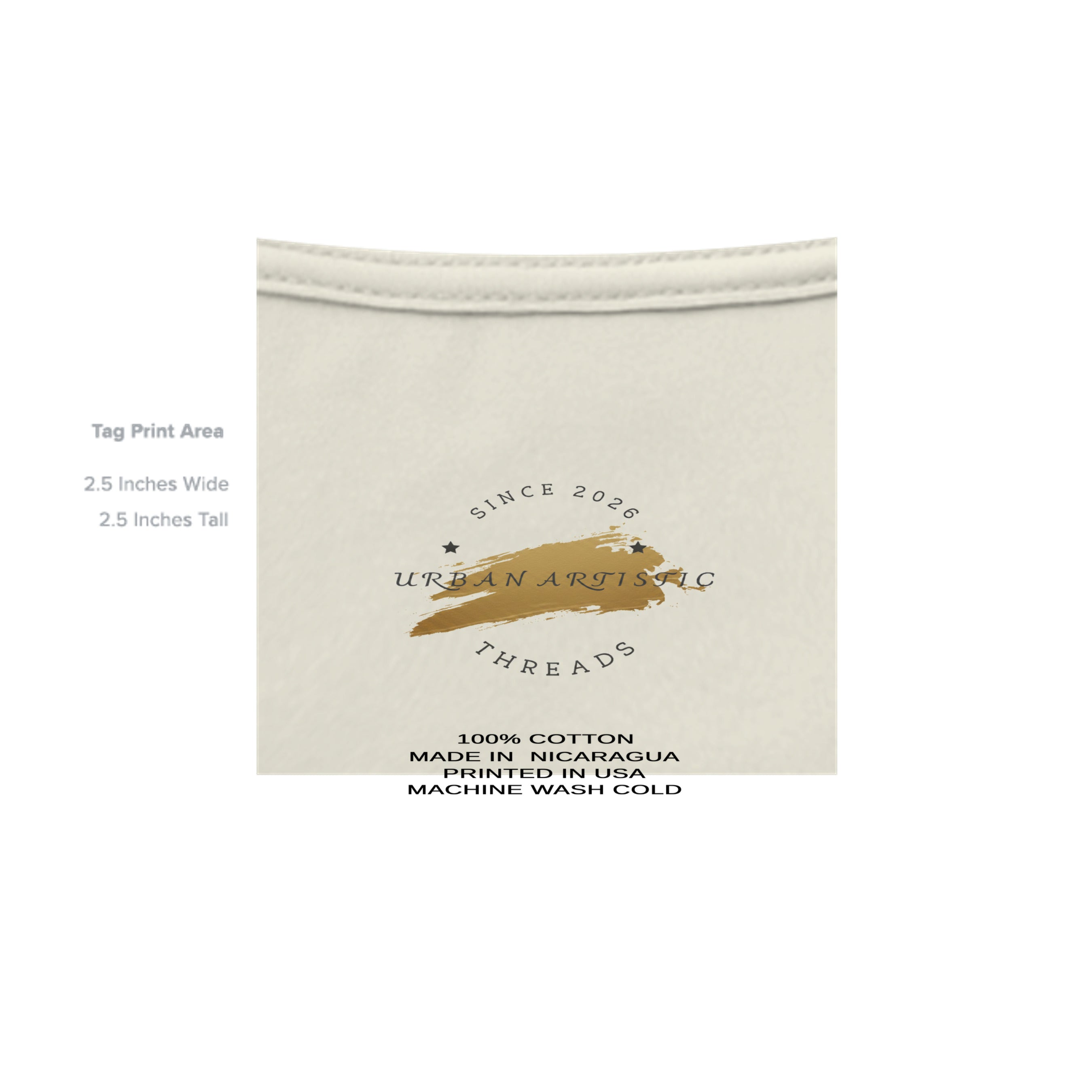 Urban Artistic Threads tag on Foundations tee; 100% cotton, made in Nicaragua, printed in USA, machine wash cold.