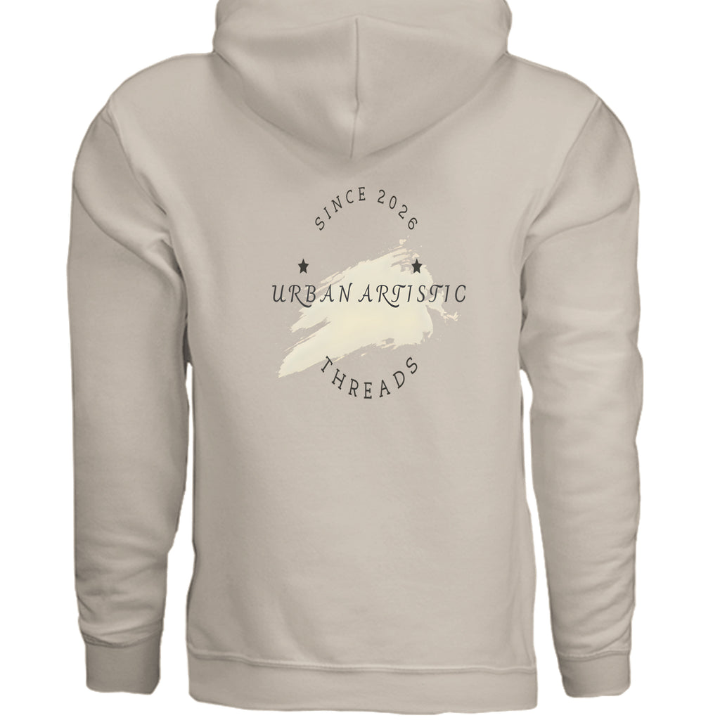 Beige hoodie featuring circular Urban Artistic Threads branding and stars, urban streetwear for city life.