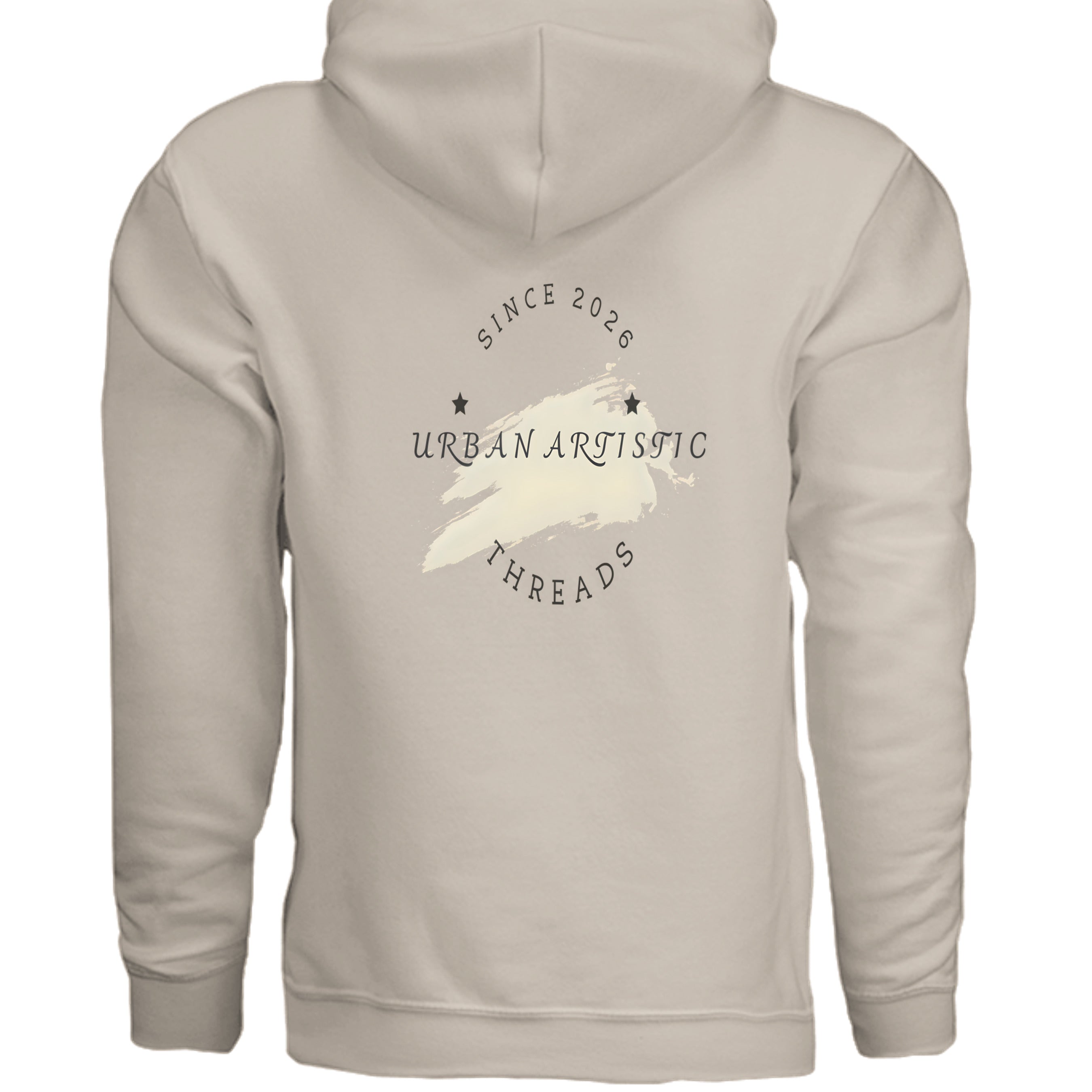 Beige hoodie featuring circular Urban Artistic Threads branding and stars, urban streetwear for city life.