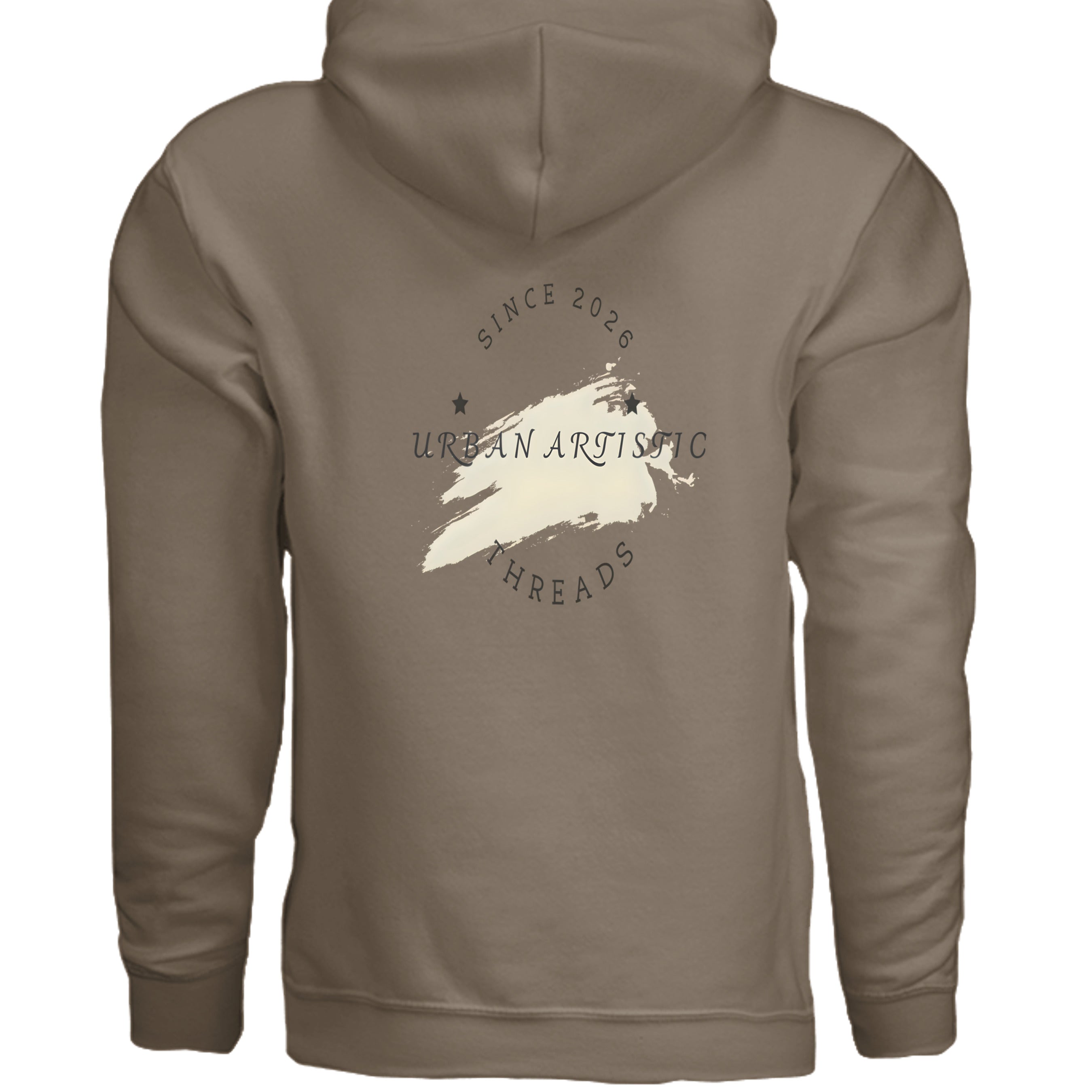 Taupe hoodie back with circular Since 2026 text and brush-stroke graphic reading Urban Artistic Threads.