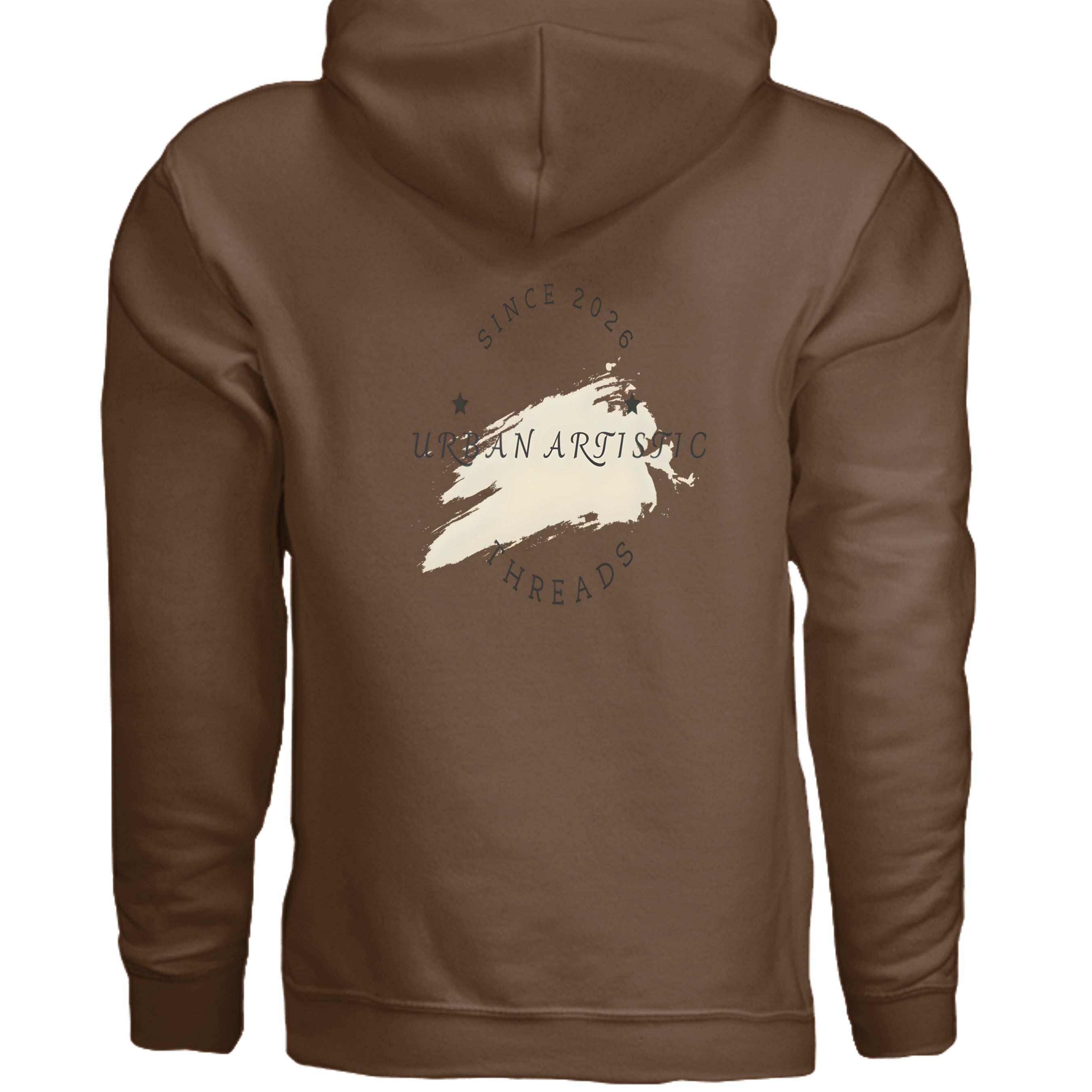 Brown urban lifestyle hoodie with back graphic featuring Urban Artistic Threads logo