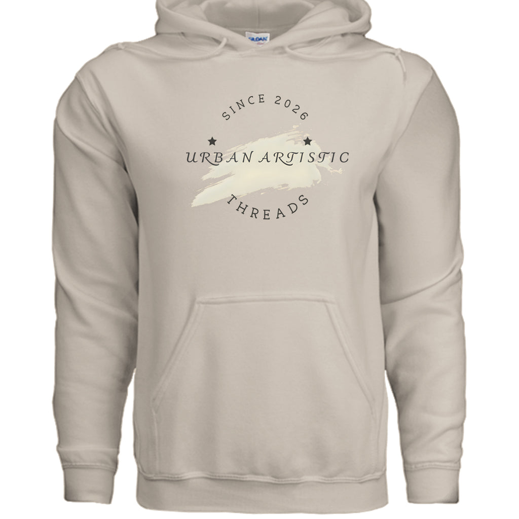 Beige hoodie featuring Urban Artistic Threads logo with circular text, brush stroke graphic, and Since 2026 arc.