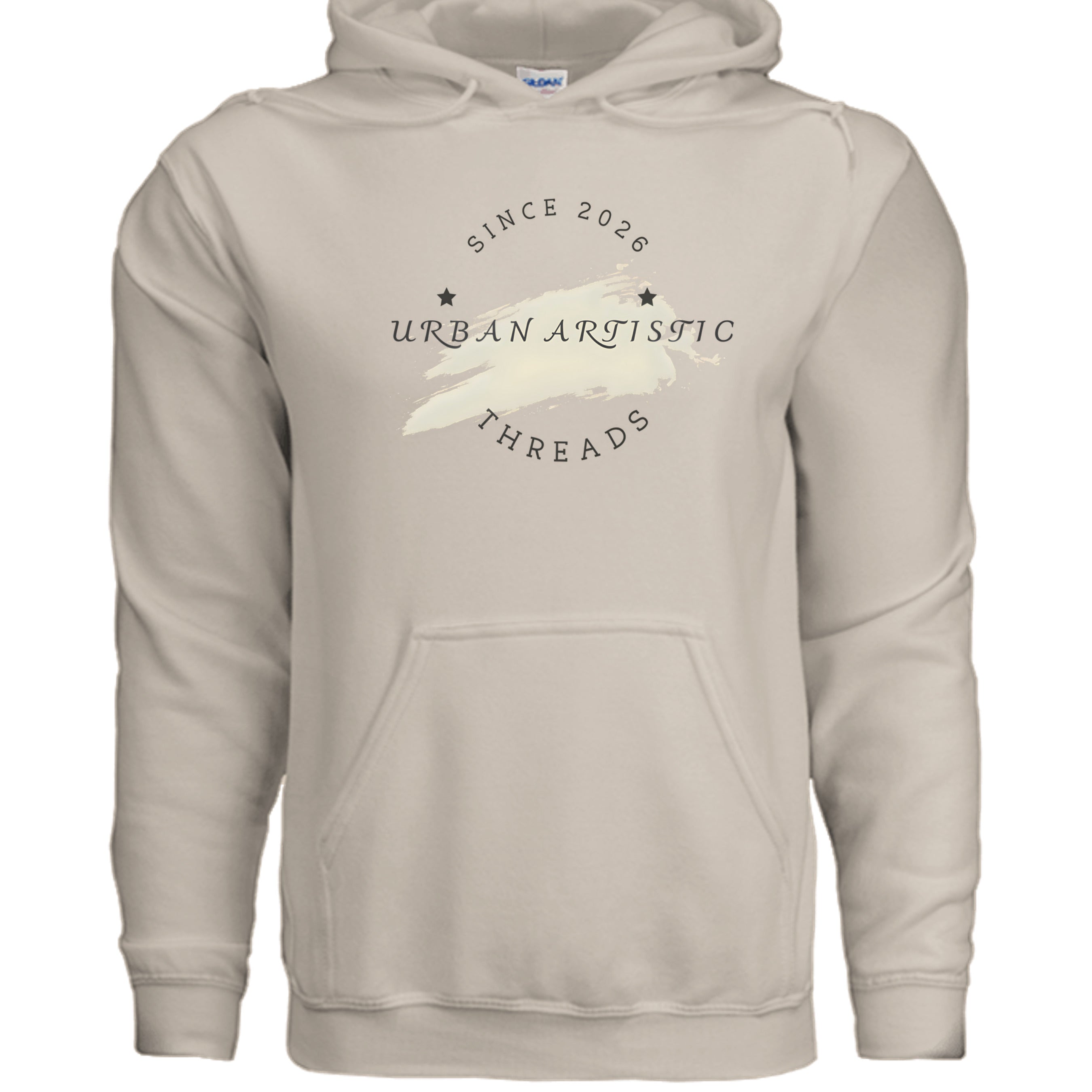 Beige hoodie featuring Urban Artistic Threads logo with circular text, brush stroke graphic, and Since 2026 arc.
