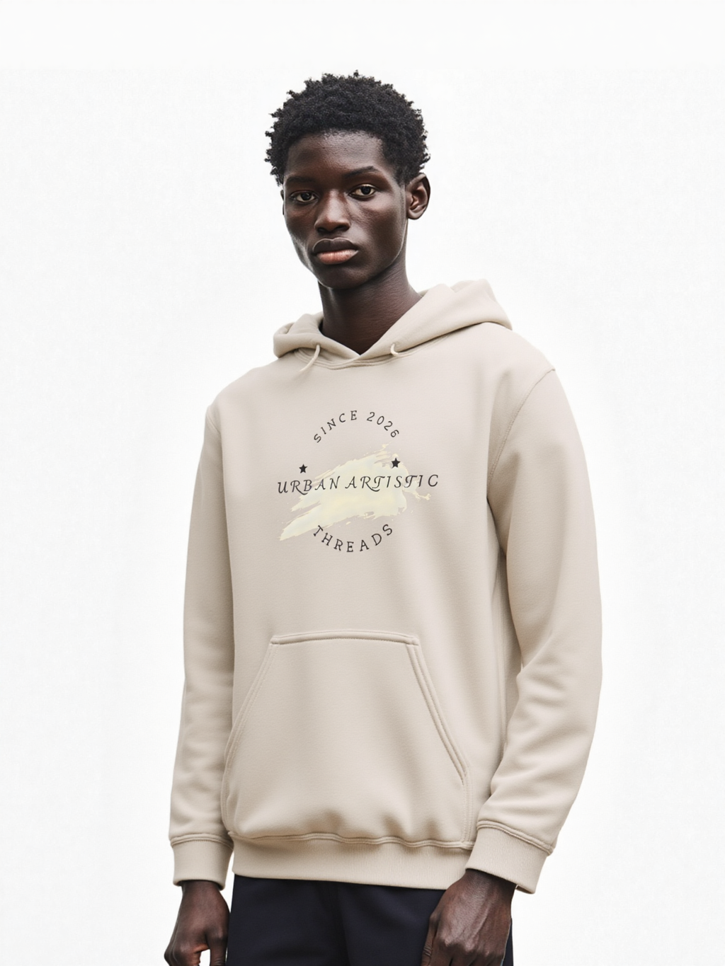 Beige Urban Lifestyle Hoodie on a model, featuring circular Urban Artistic Threads logo for city streetwear.