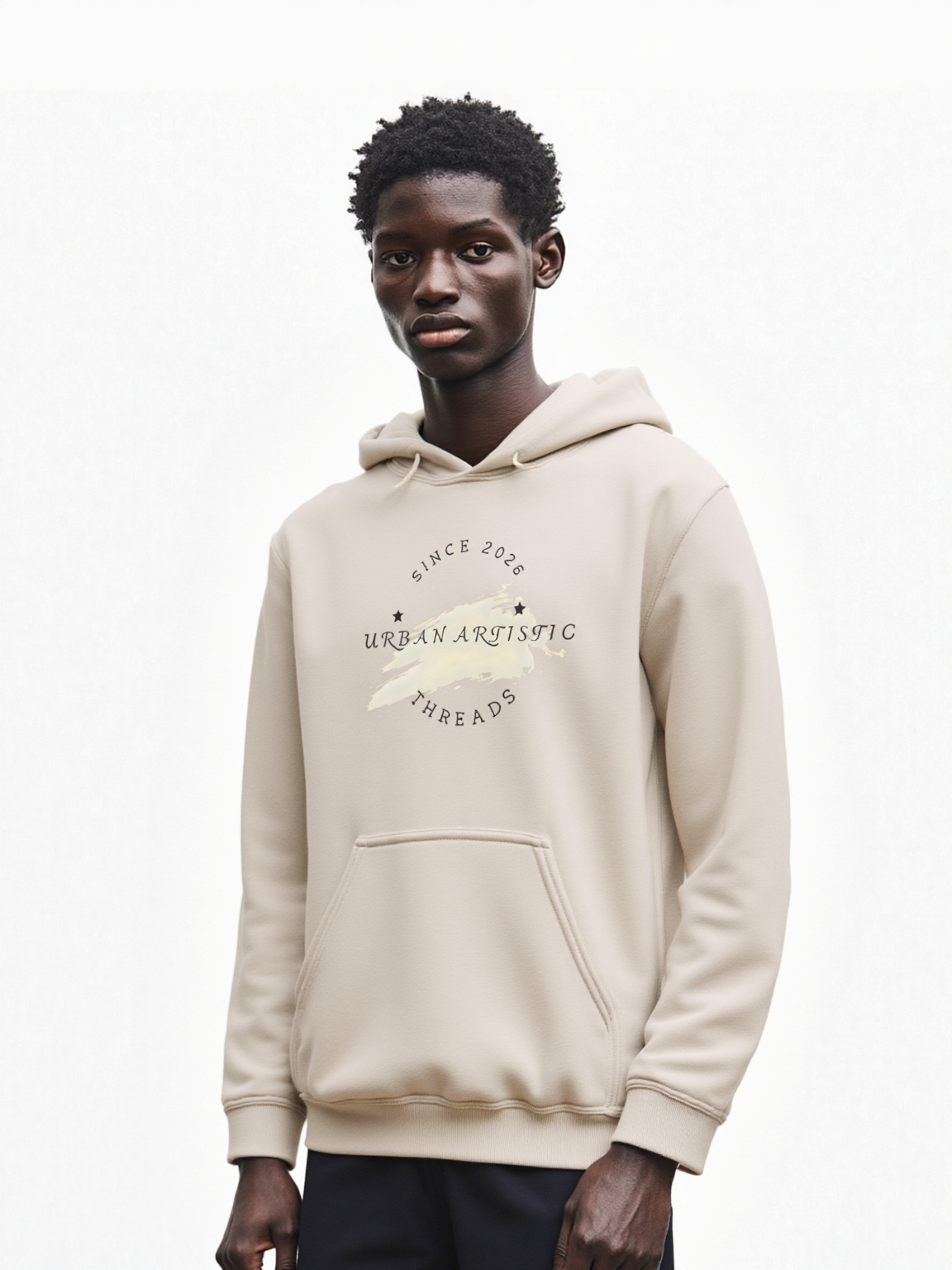 Beige Urban Lifestyle Hoodie on a model, featuring circular Urban Artistic Threads logo for city streetwear.