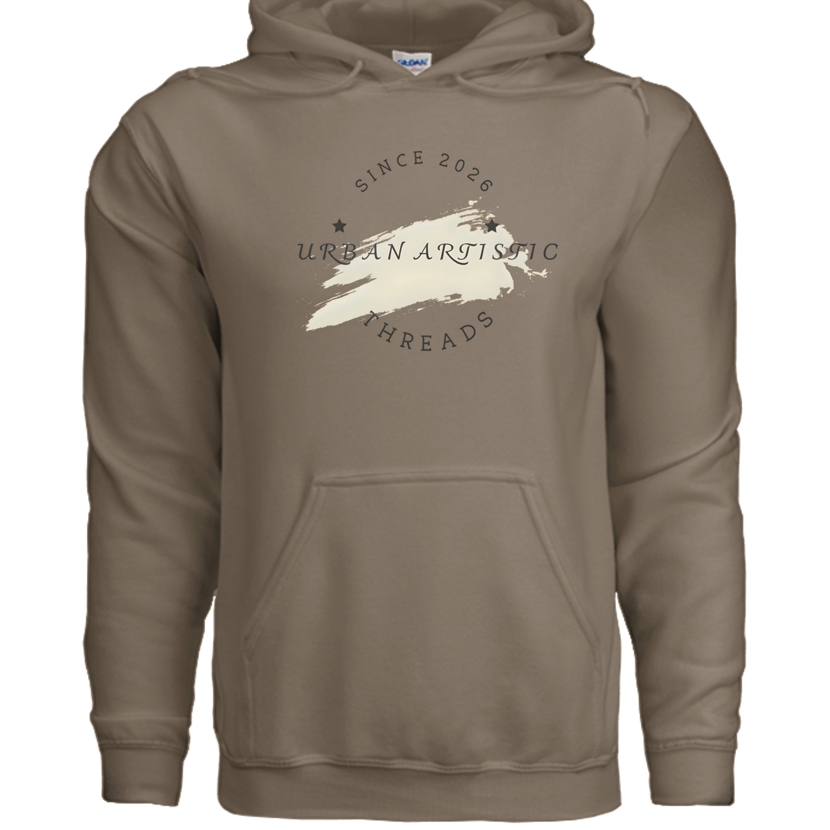 Beige Urban Artistic Threads hoodie for streetwear lovers with circular logo and brushstroke motif.