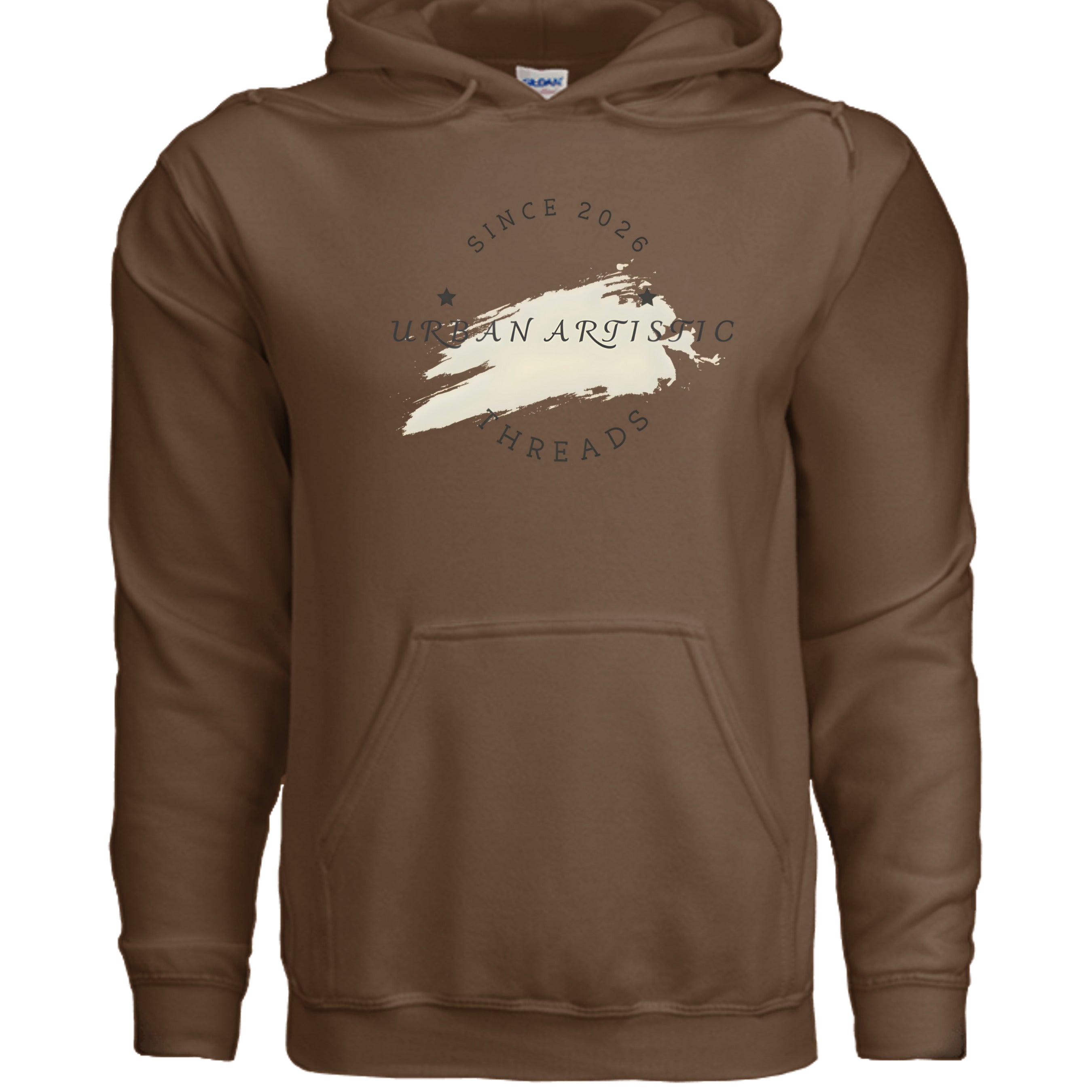 Urban Lifestyle Hoodie for Fashionable Streetwear Lovers in brown with Urban Artistic Threads logo.