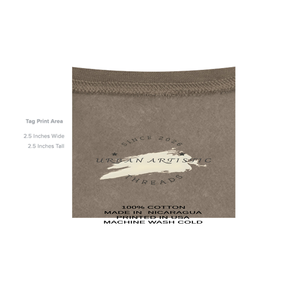 Close-up of tan cotton hoodie neck seam, showing the tag print area and Urban Artistic Threads branding.