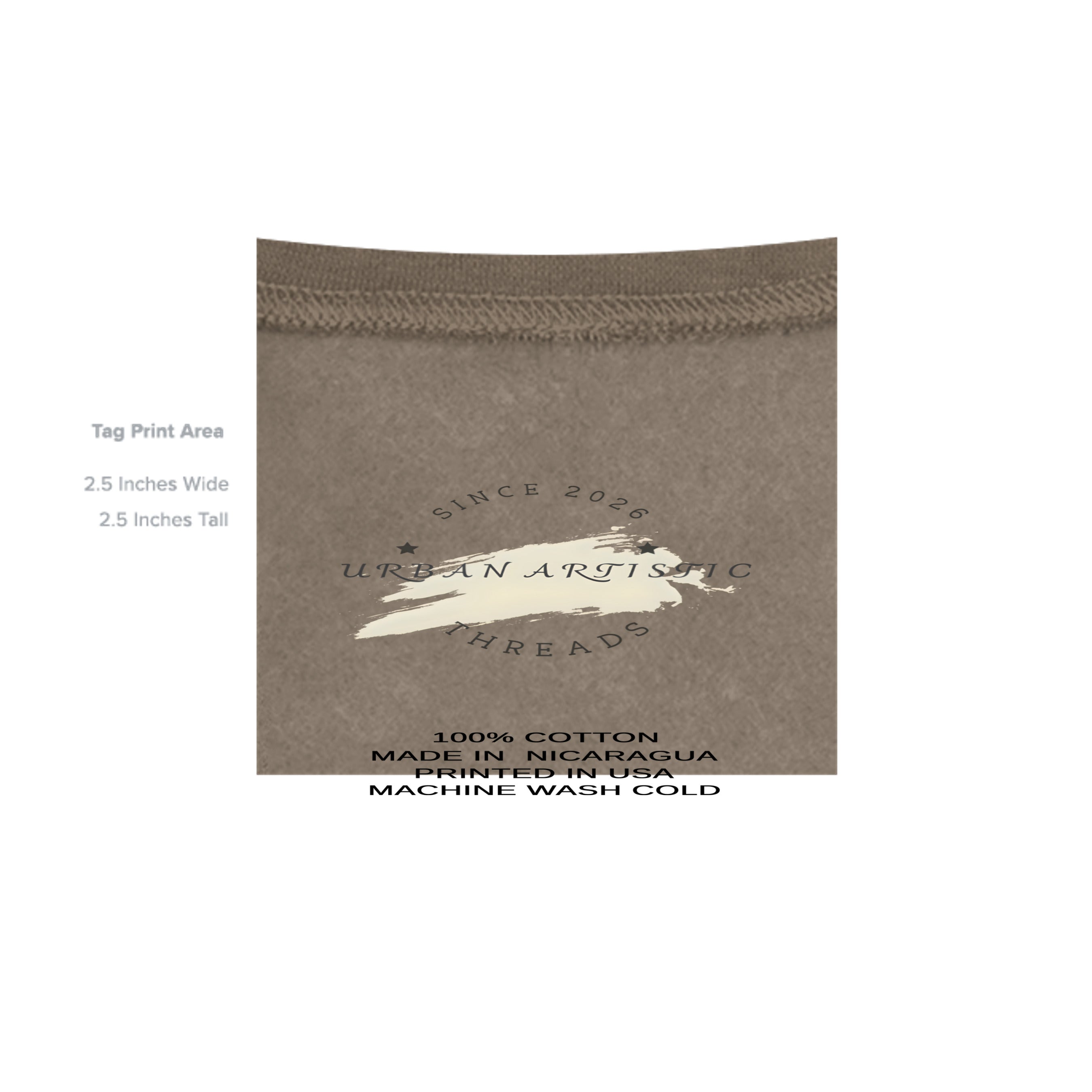Close-up of tan cotton hoodie neck seam, showing the tag print area and Urban Artistic Threads branding.