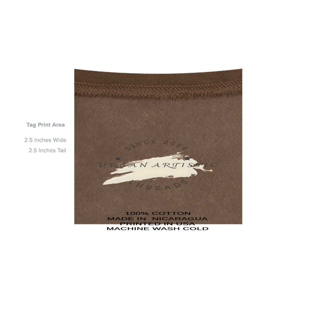 Tag area of Urban Lifestyle Hoodie fabric, 100% cotton, brown, made in Nicaragua, printed in USA.