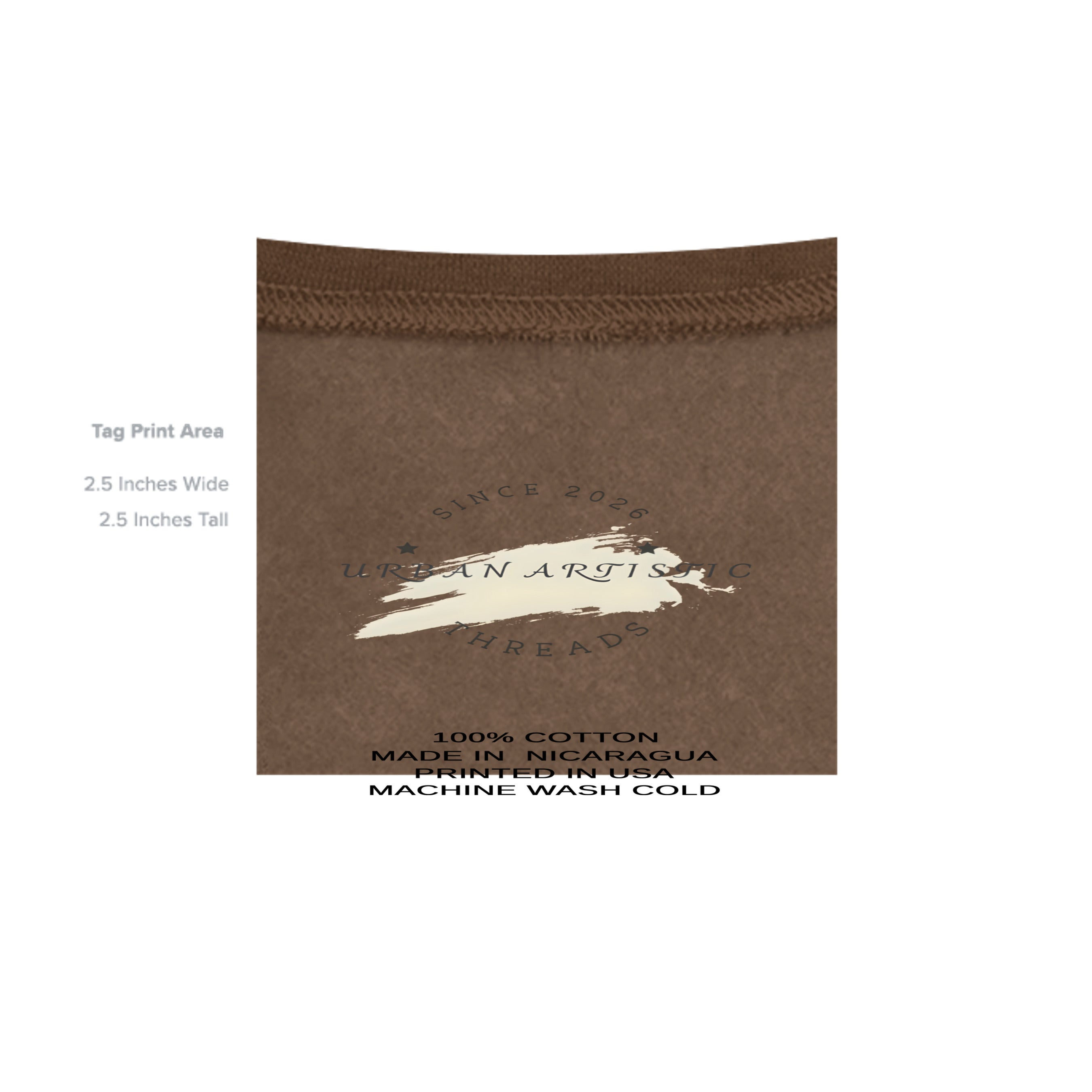 Tag area of Urban Lifestyle Hoodie fabric, 100% cotton, brown, made in Nicaragua, printed in USA.