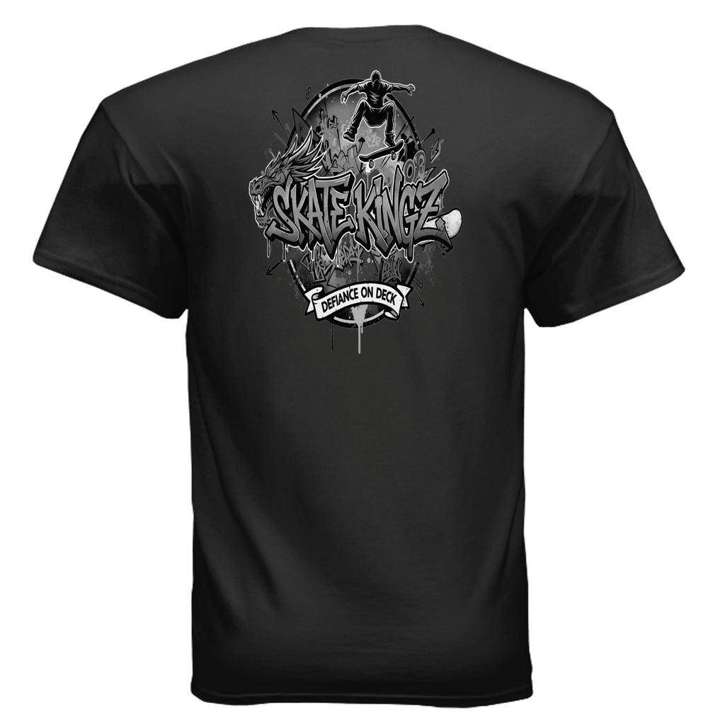 Skatekingz black skateboard tee with graffiti skateboarder and dragon motif.