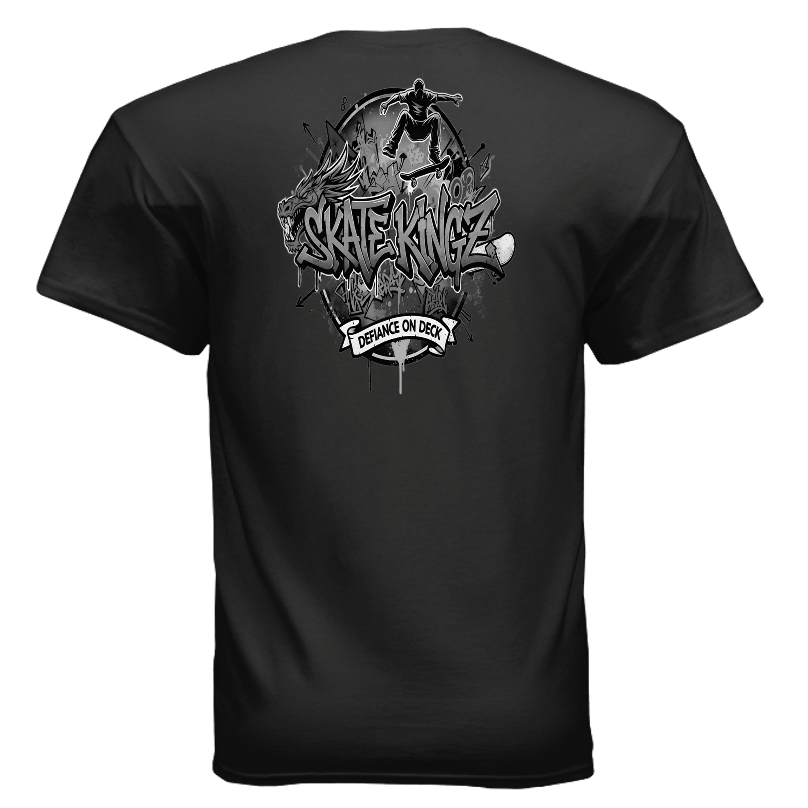 Skatekingz black skateboard tee with graffiti skateboarder and dragon motif.