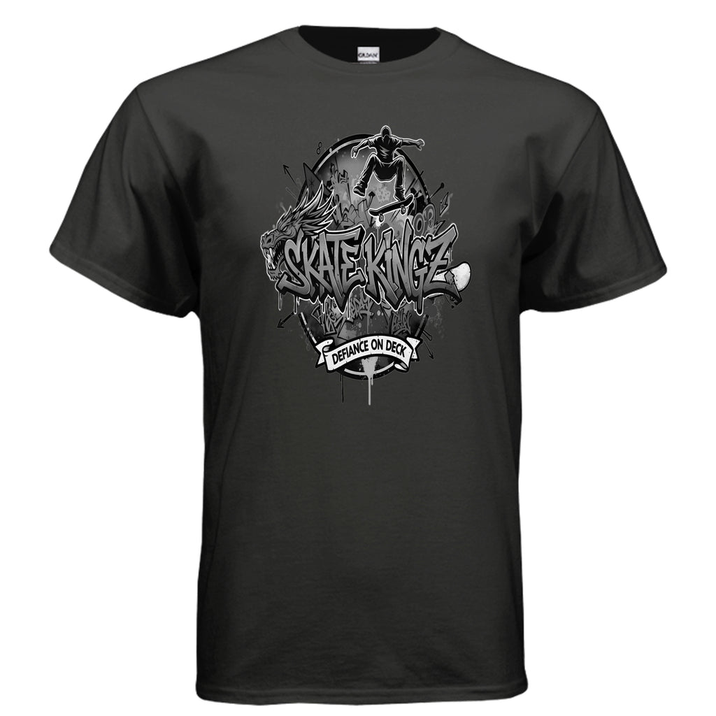 Skatekingz black skateboard tee for skateboard enthusiasts with a bold graffiti-style graphic of a skater and logo.