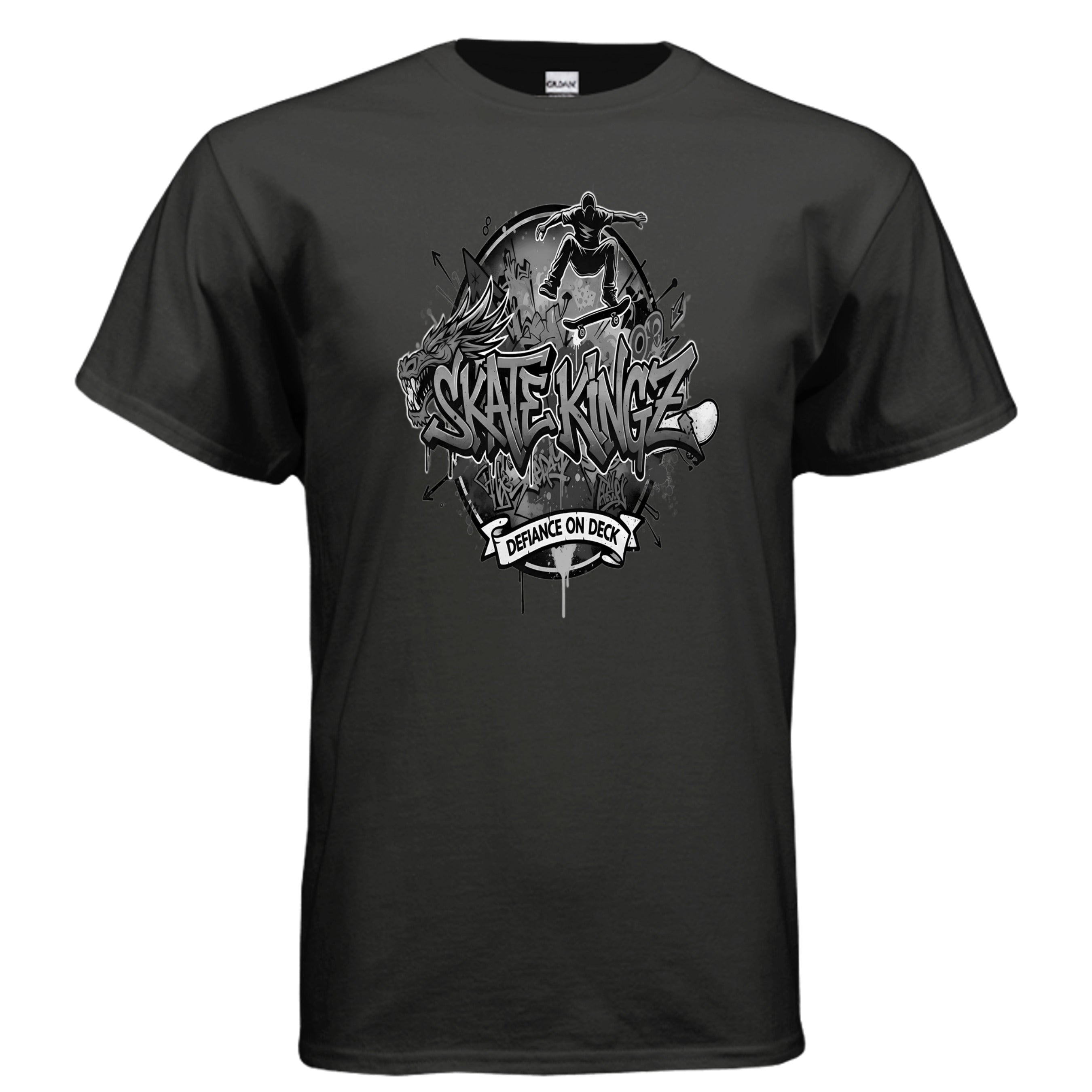 Skatekingz black skateboard tee for skateboard enthusiasts with a bold graffiti-style graphic of a skater and logo.