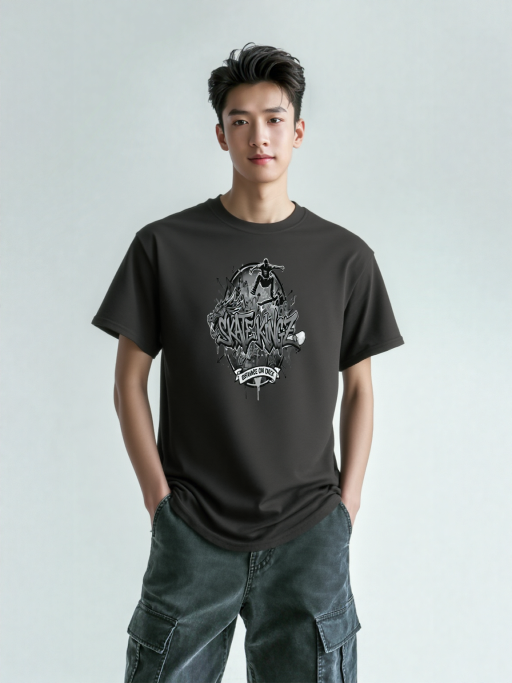 Skatekingz black skateboard tee for skateboard enthusiasts with graffiti logo on chest, worn by a male model.