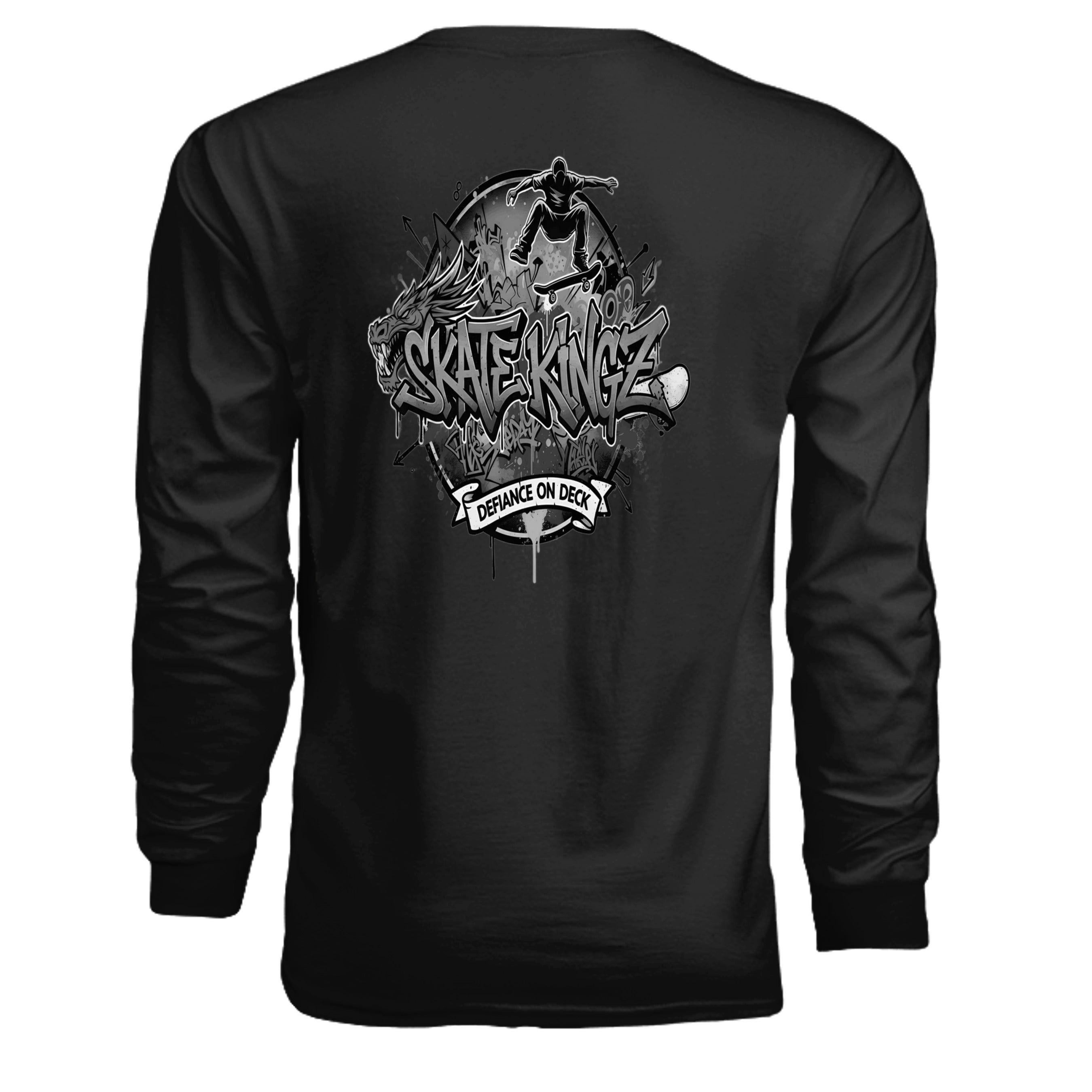 Skate Kingz black-and-white long-sleeve tee back graphic with a skateboarder and graffiti-style text.