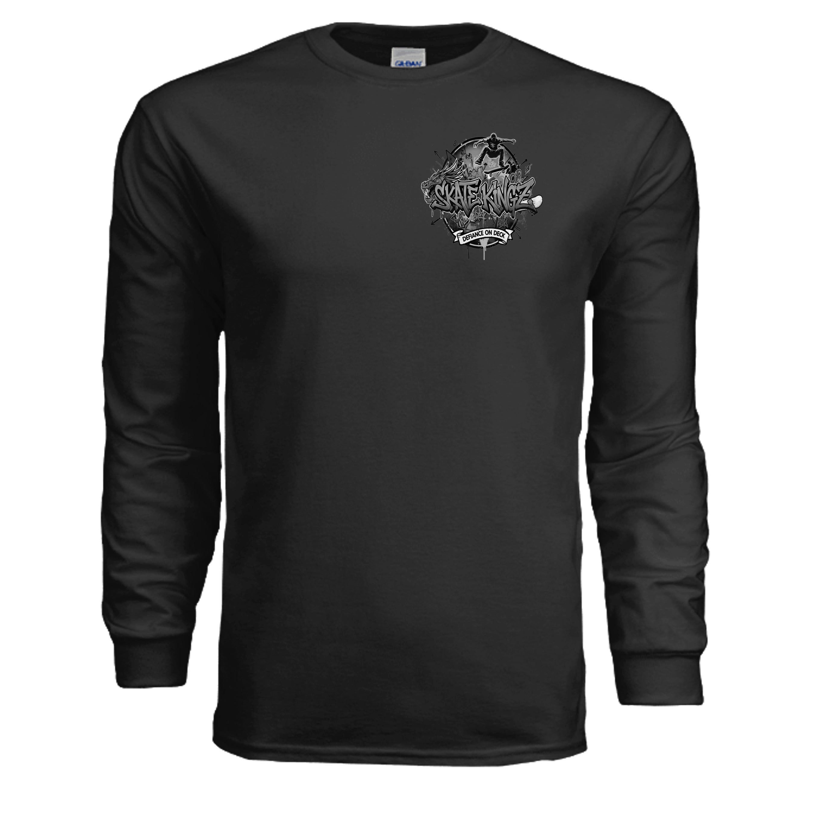 Skate kingz black and white long-sleeve tee with skateboarder and dragon artwork and Defiance on Deck banner.