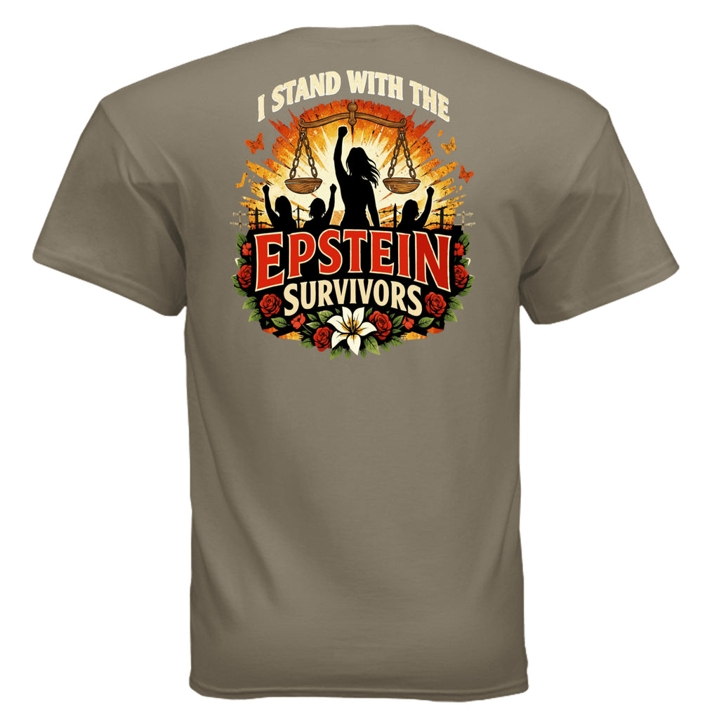 Blooms Of Resilience Epstein Survivors graphic tee with raised fist, scales, sunburst, and roses.