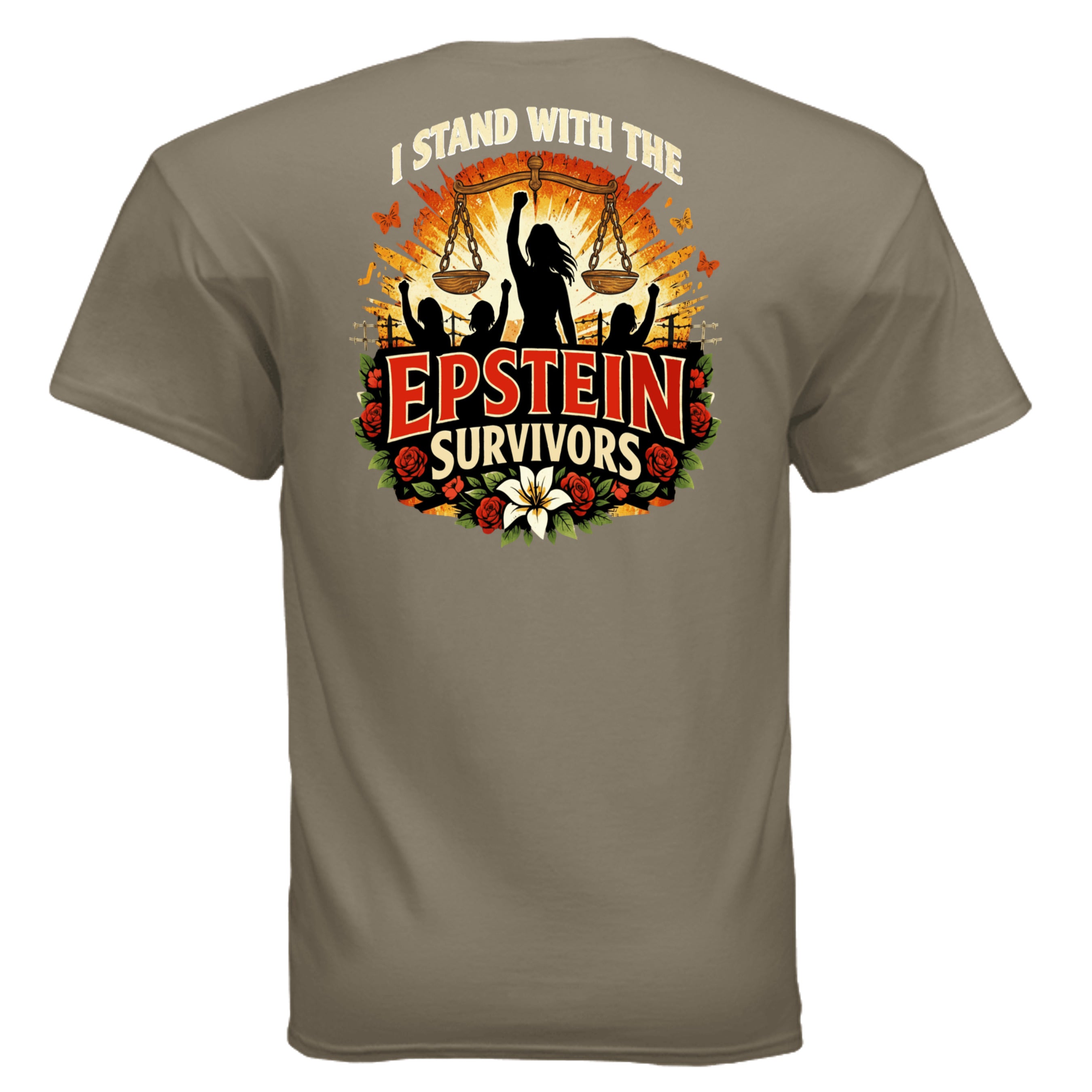 Blooms Of Resilience Epstein Survivors graphic tee with raised fist, scales, sunburst, and roses.