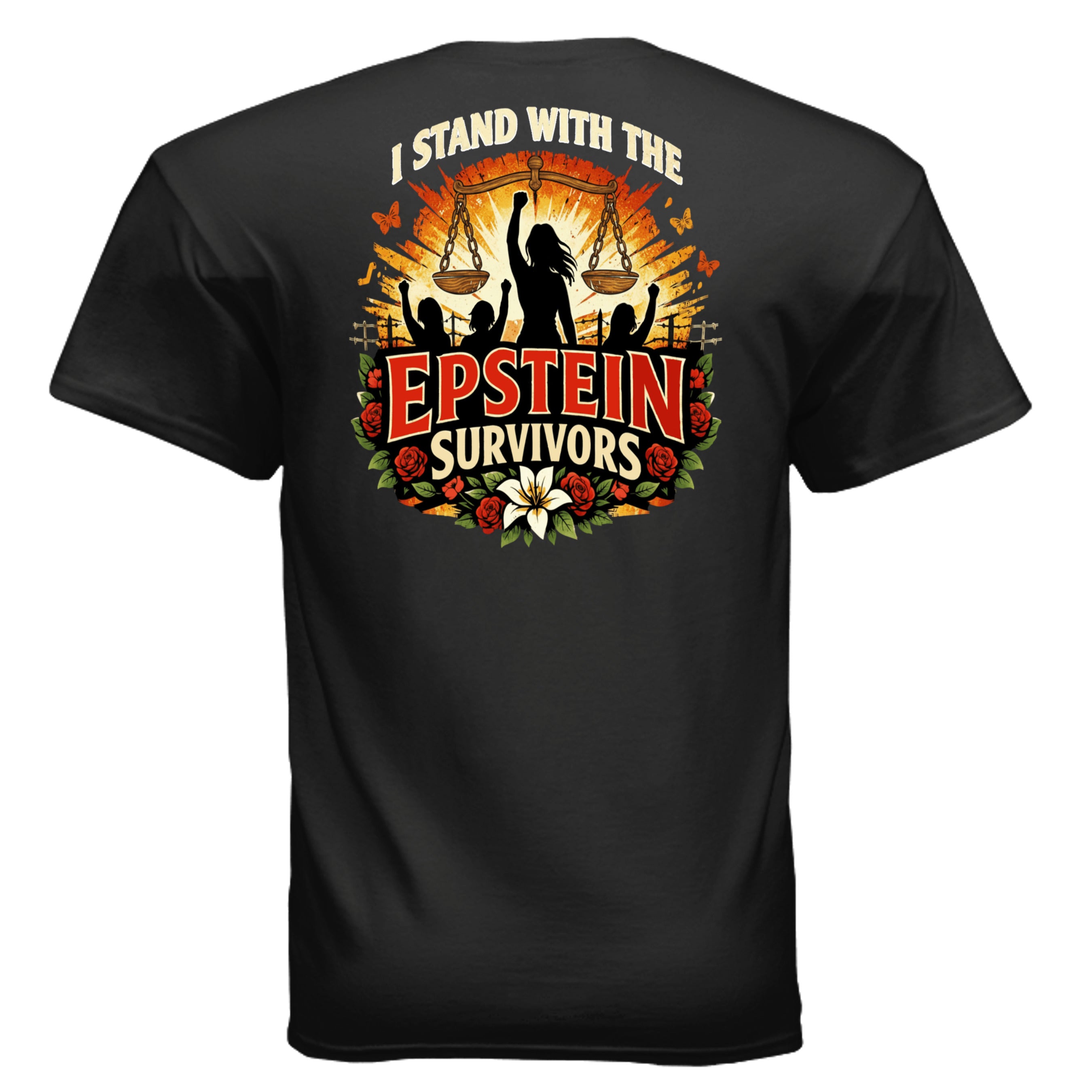 Blooms Of Resilience Epstein Survivors graphic tee with floral wreath, silhouetted figures, and scales motif.