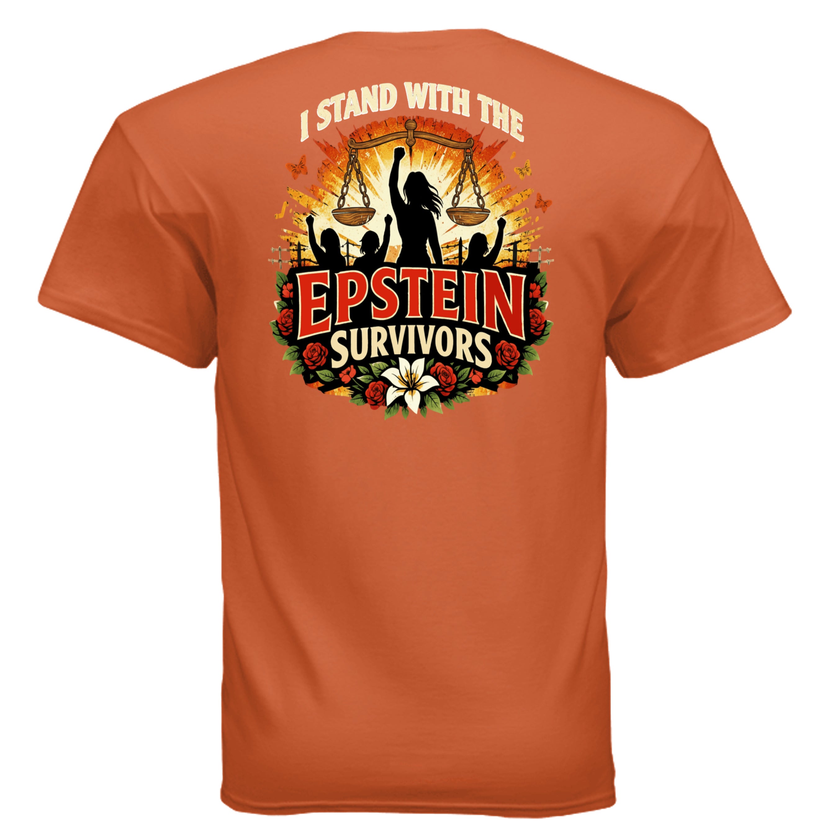 Epstein Survivors graphic tee with blooming flowers, silhouetted people raising fists, scales, and a sunburst.