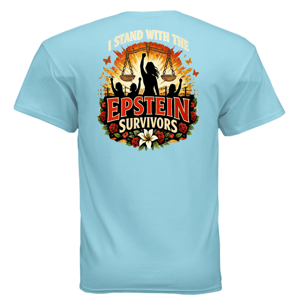 Epstein survivors graphic tee featuring blooms of resilience, scales, and silhouetted figures.