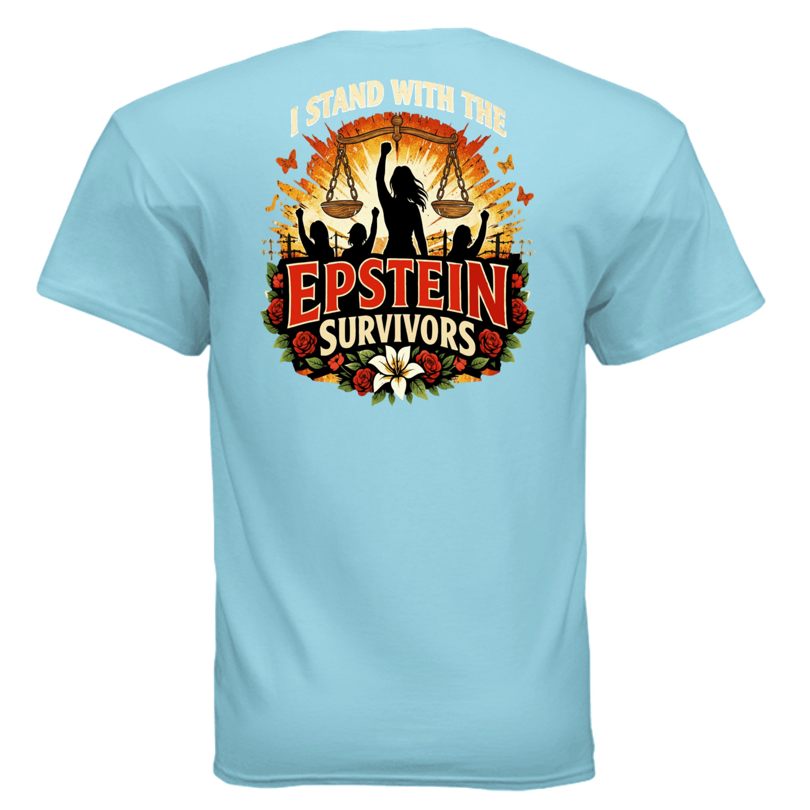 Epstein survivors graphic tee featuring blooms of resilience, scales, and silhouetted figures.