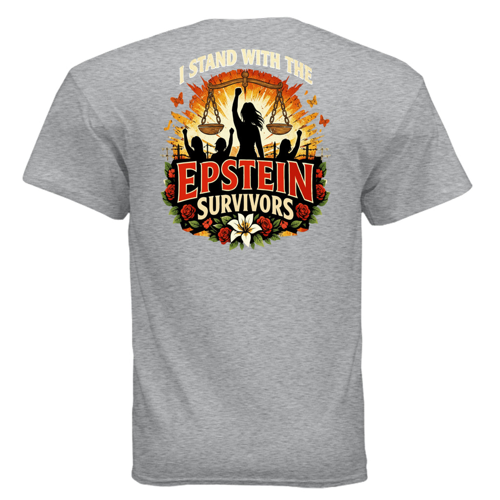 Blooms Of Resilience Epstein Survivors graphic tee: silhouette raising fist among flowers and sunburst.