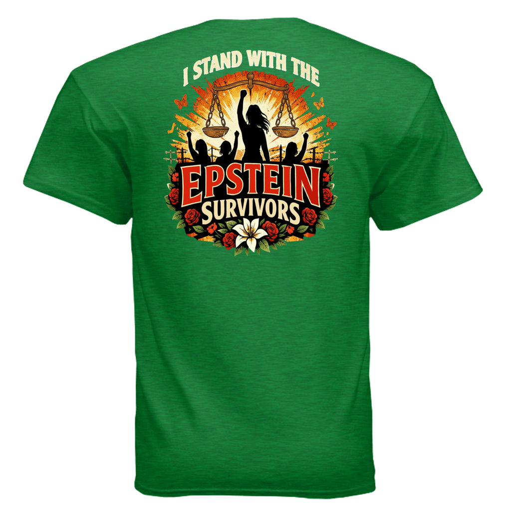 Blooms Of Resilience Epstein Survivors graphic tee with scales, raised fists silhouettes, and floral bouquet