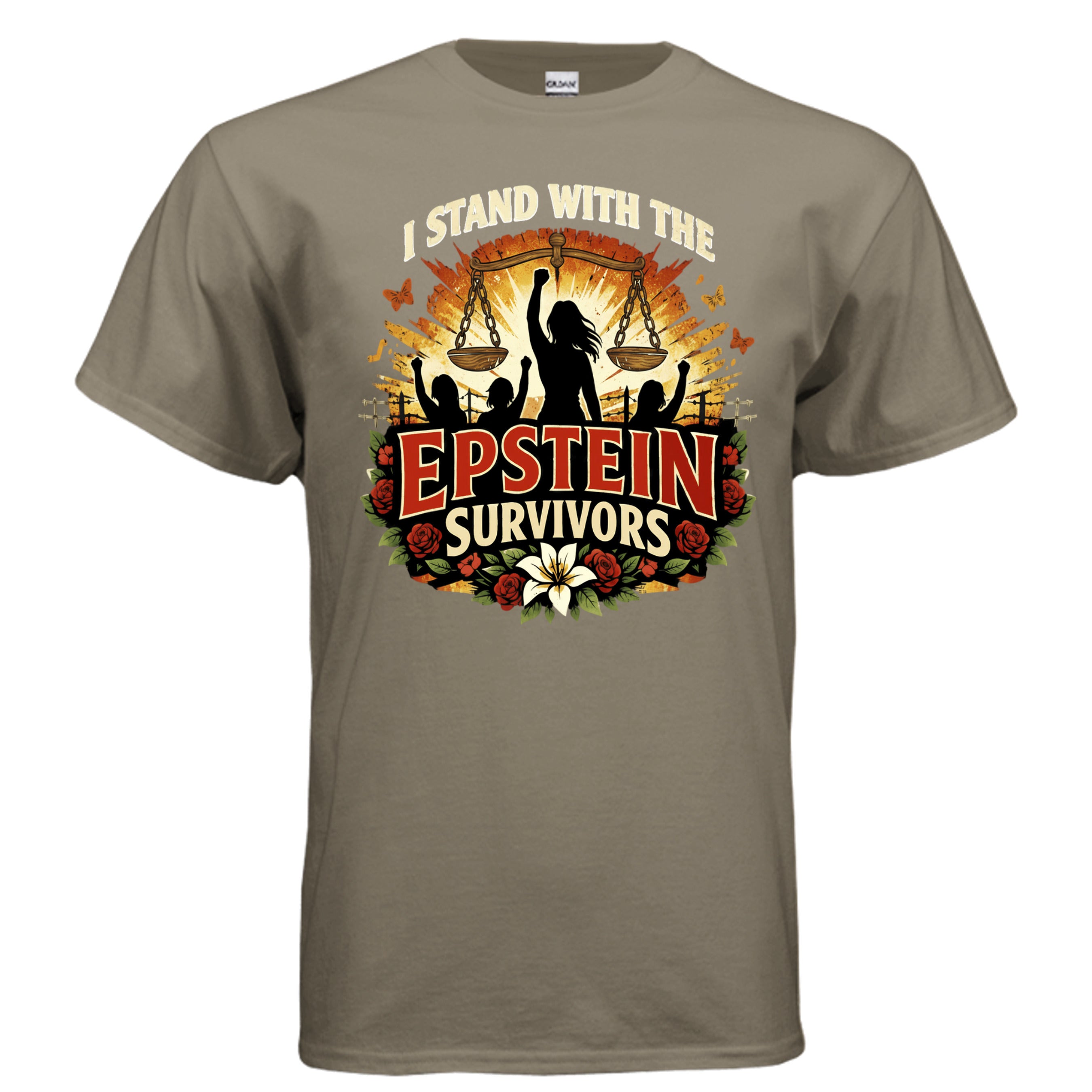 Blooms Of Resilience Epstein Survivors graphic tee with silhouetted people raising fists, floral border.