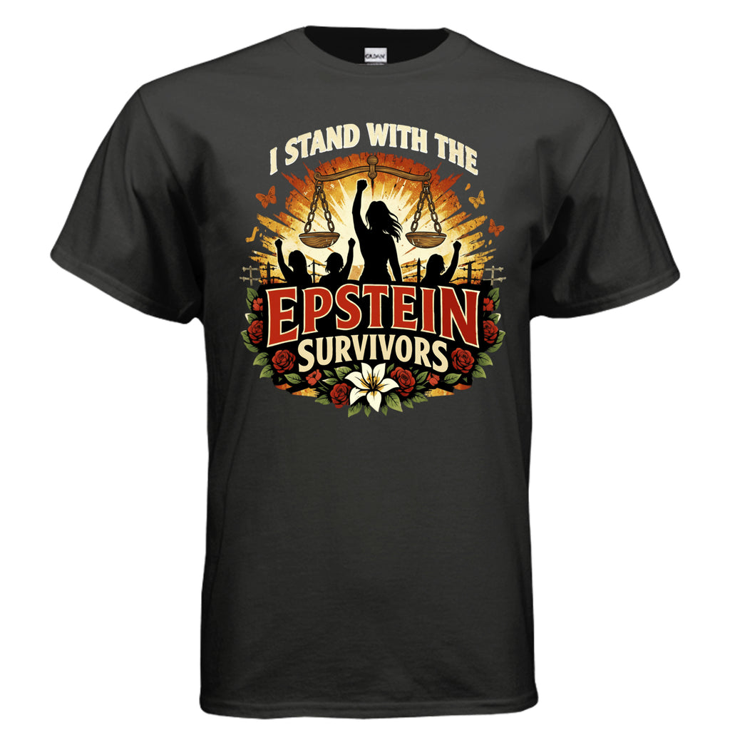 Dark tee featuring Blooms Of Resilience Epstein Survivors graphic with a raised fist, scales, sunburst, and roses.