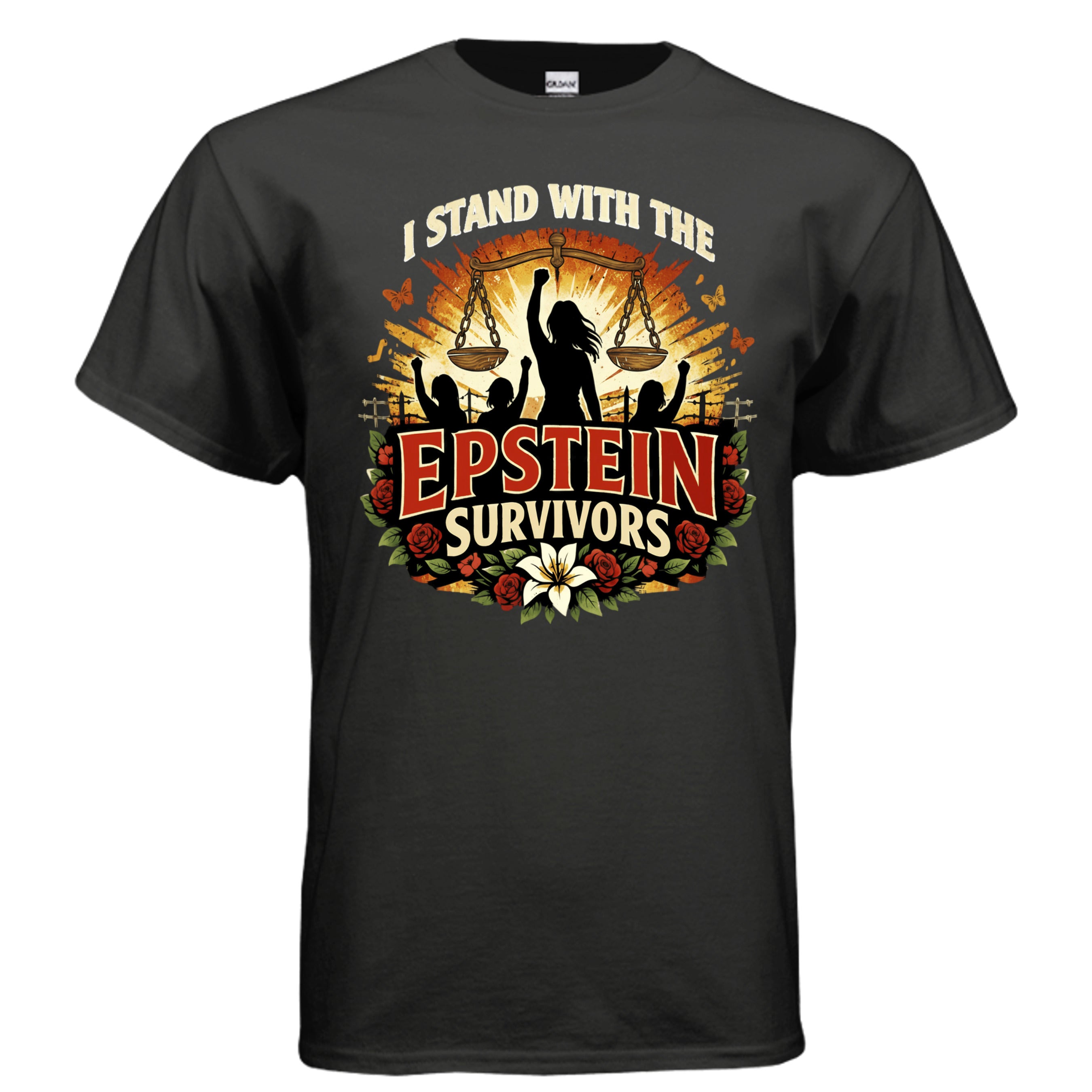 Dark tee featuring Blooms Of Resilience Epstein Survivors graphic with a raised fist, scales, sunburst, and roses.
