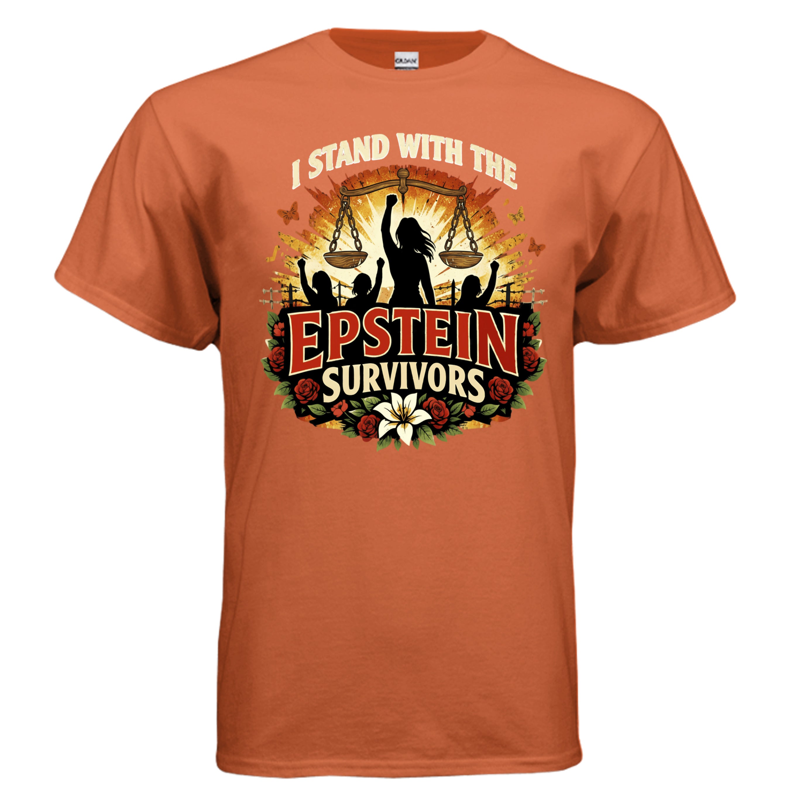 Blooms Of Resilience Epstein Survivors Graphic Tee Shirt with silhouettes, scales, sunrise, and floral border.