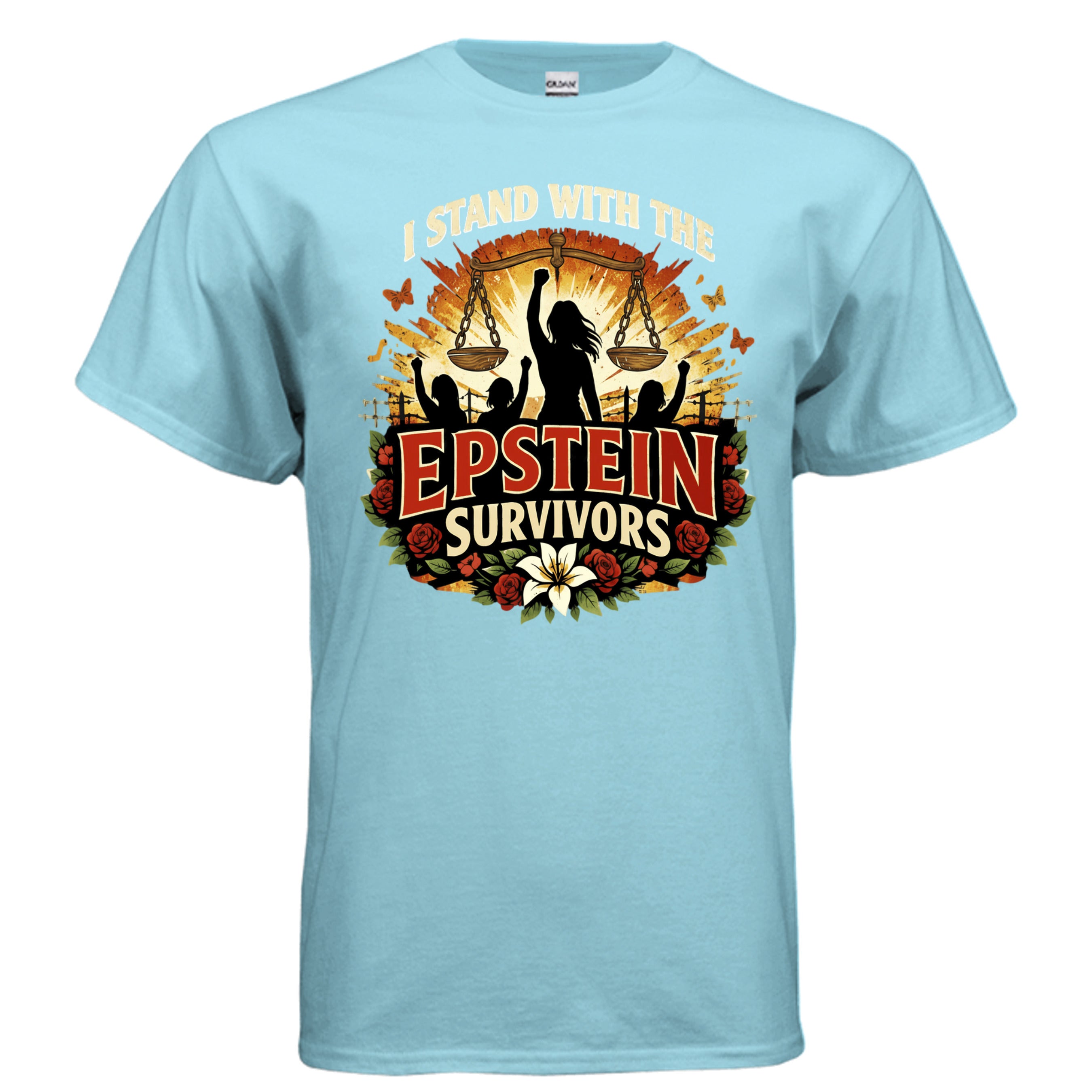 Blooms Of Resilience Epstein Survivor graphic tee with rose border, sunburst background, scales, and raised fists.