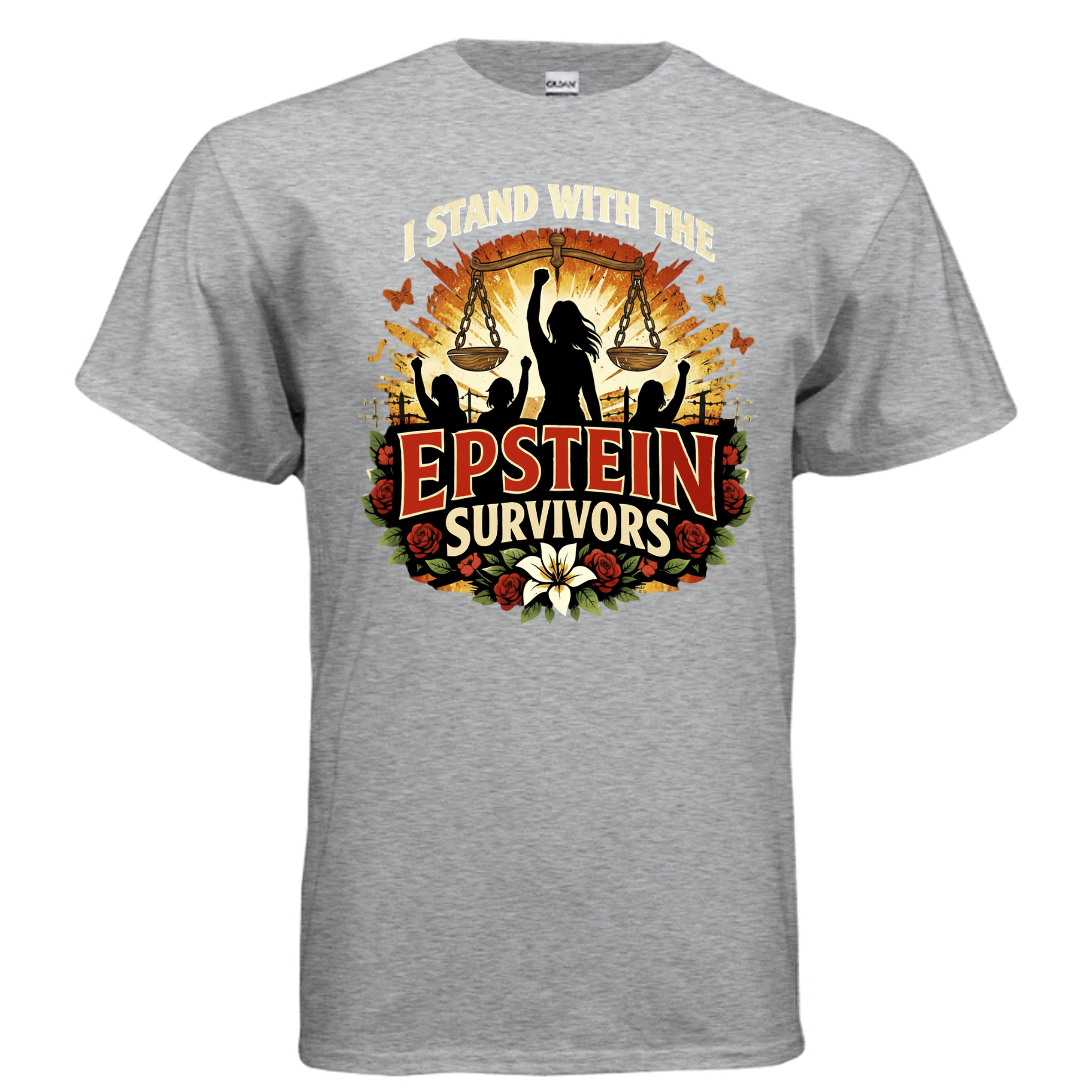 Blooms Of Resilience Epstein Survivor graphic tee with floral border and silhouetted survivors raising arms near scales