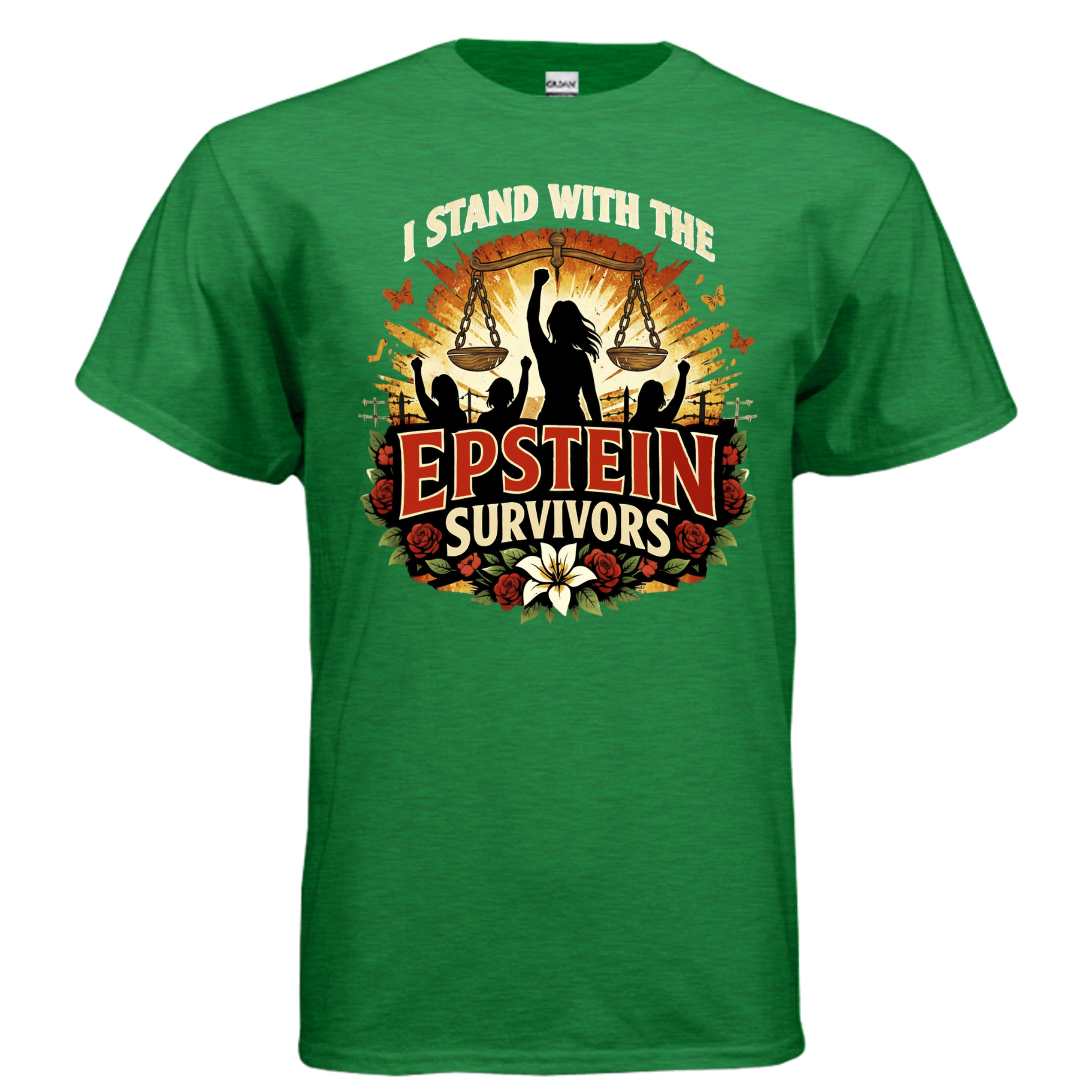 Green Blooms Of Resilience Epstein Survivors graphic tee with floral wreath and silhouetted raised-arms figure.