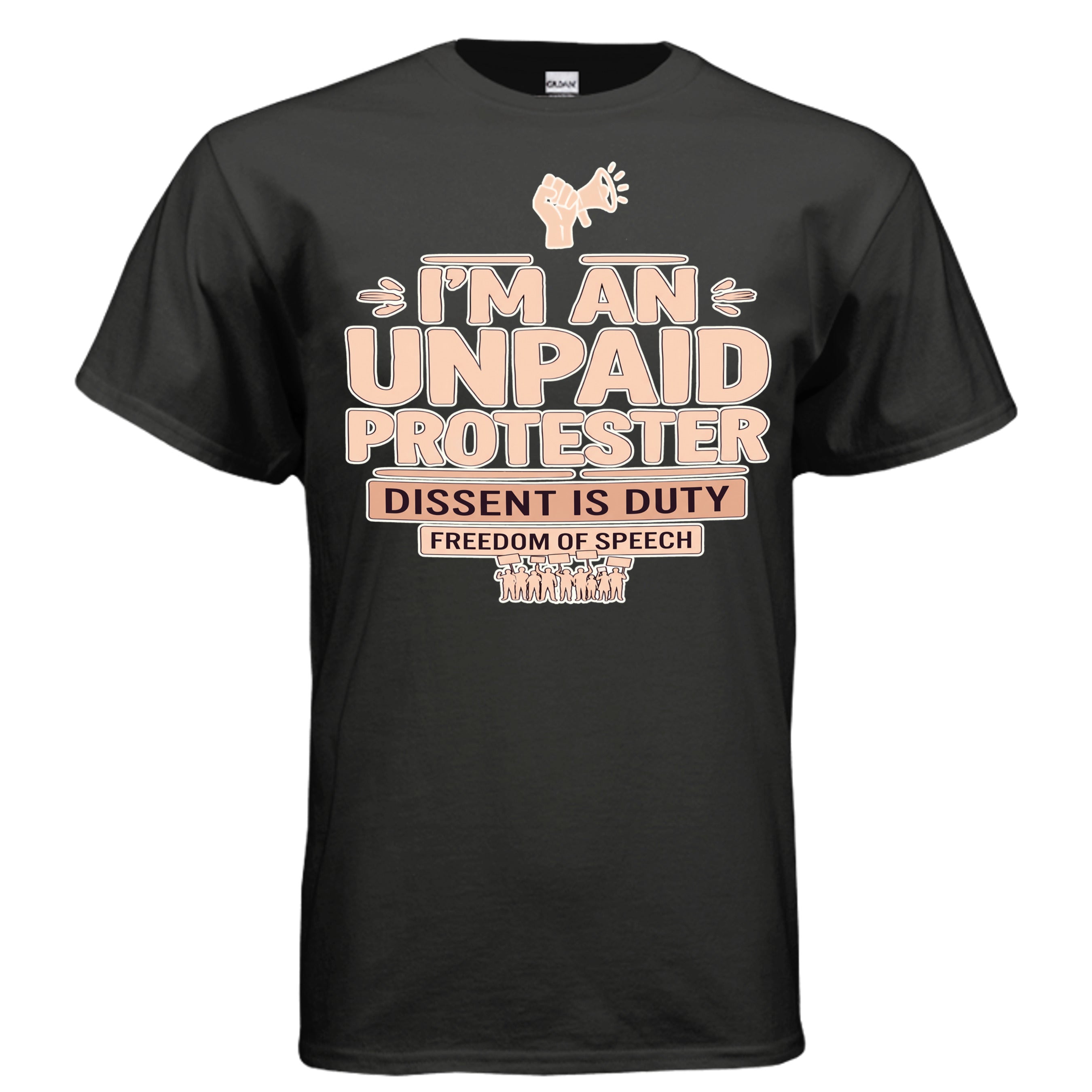 Unpaid Protester graphic tee on black shirt with bold typography and raised-fist activist icon.