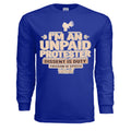 Blue long-sleeve tee with beige “I’m an unpaid protester” typography and megaphone graphic.