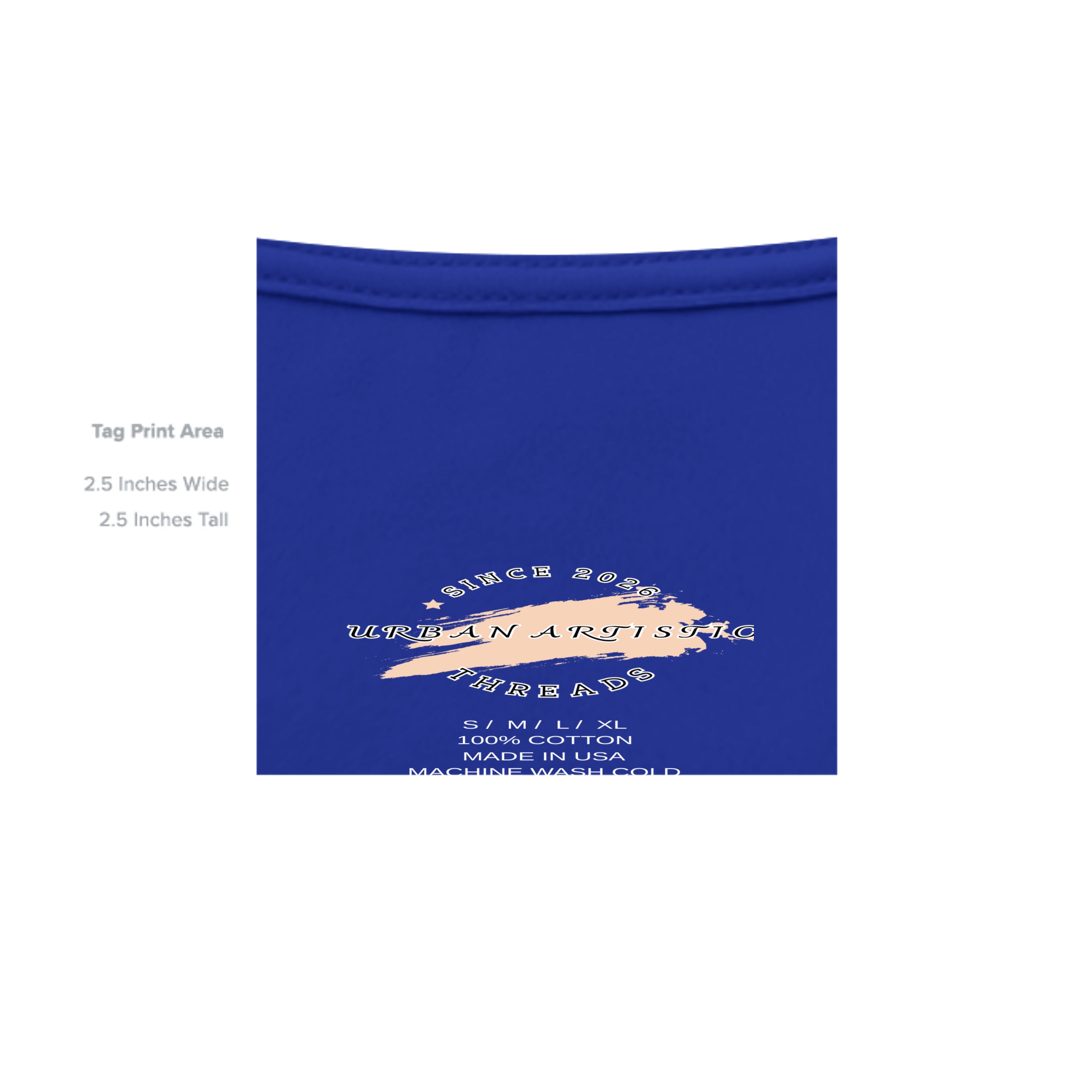 Blue packaging panel with Urban Artistic Threads circular logo and peach brush stroke on white background.