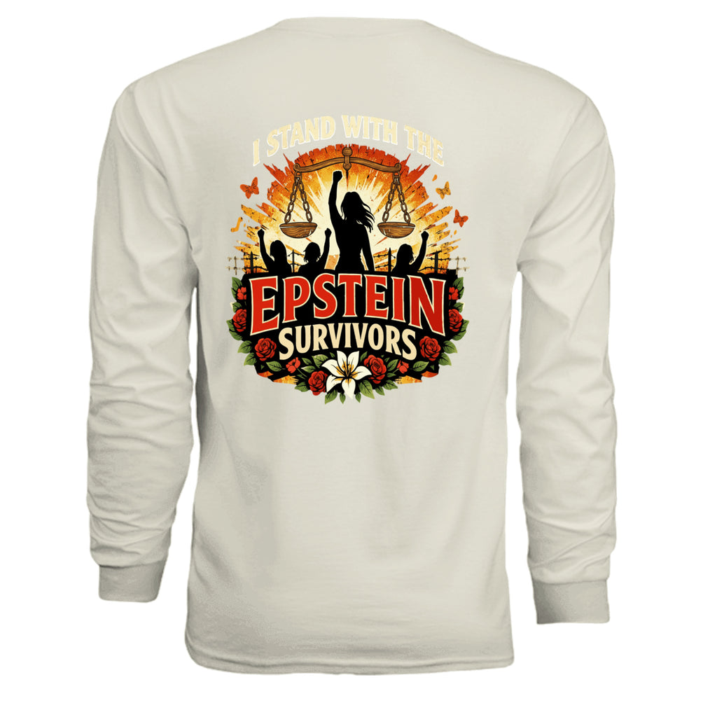 Blooms Of Resilience Epstein Survivor graphic long-sleeve shirt featuring a floral border and survivor message.