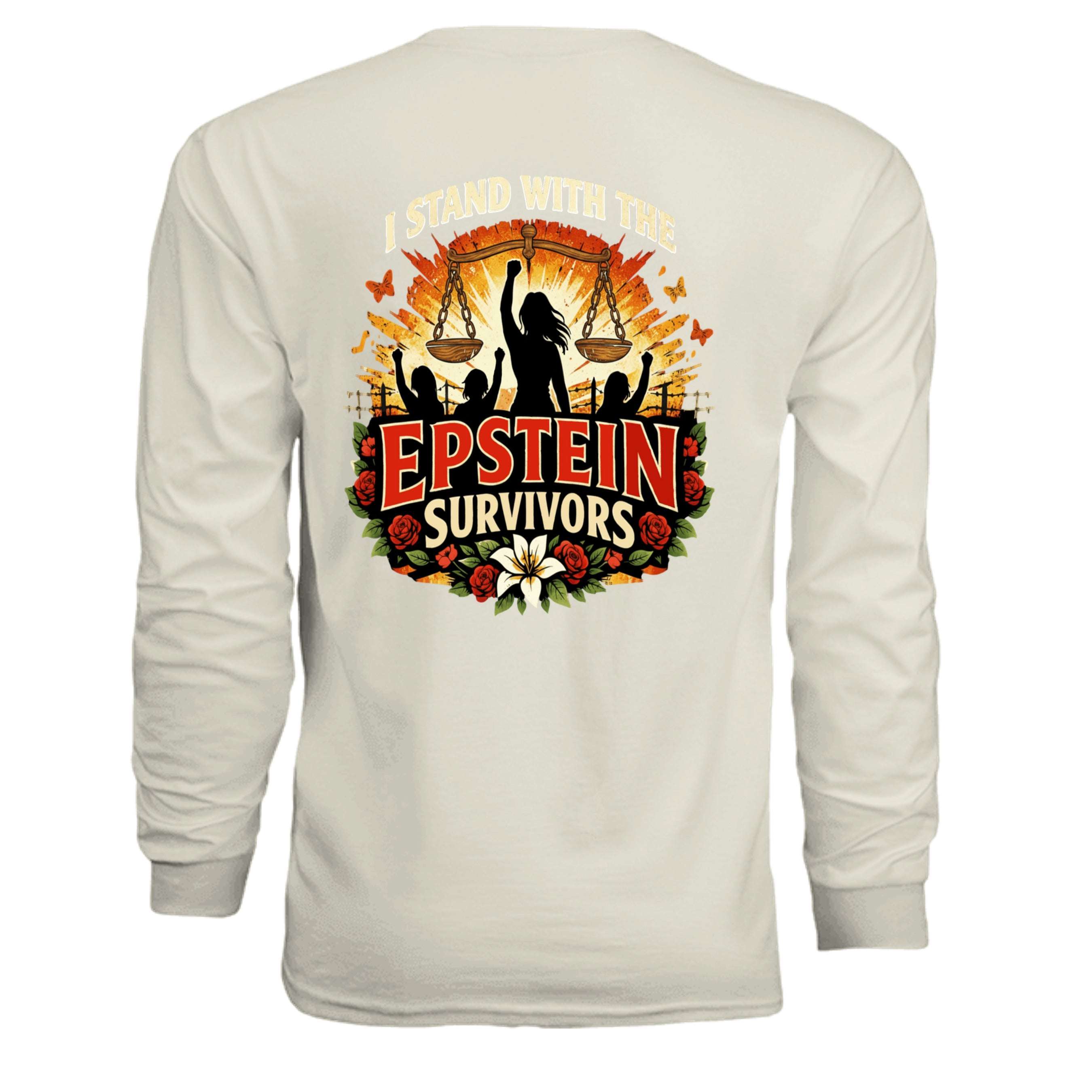 Blooms Of Resilience Epstein Survivor graphic long-sleeve shirt featuring a floral border and survivor message.