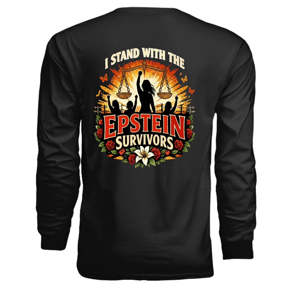 Blooms Of Resilience Epstein Survivors long sleeve shirt with a floral wreath and survivor message.