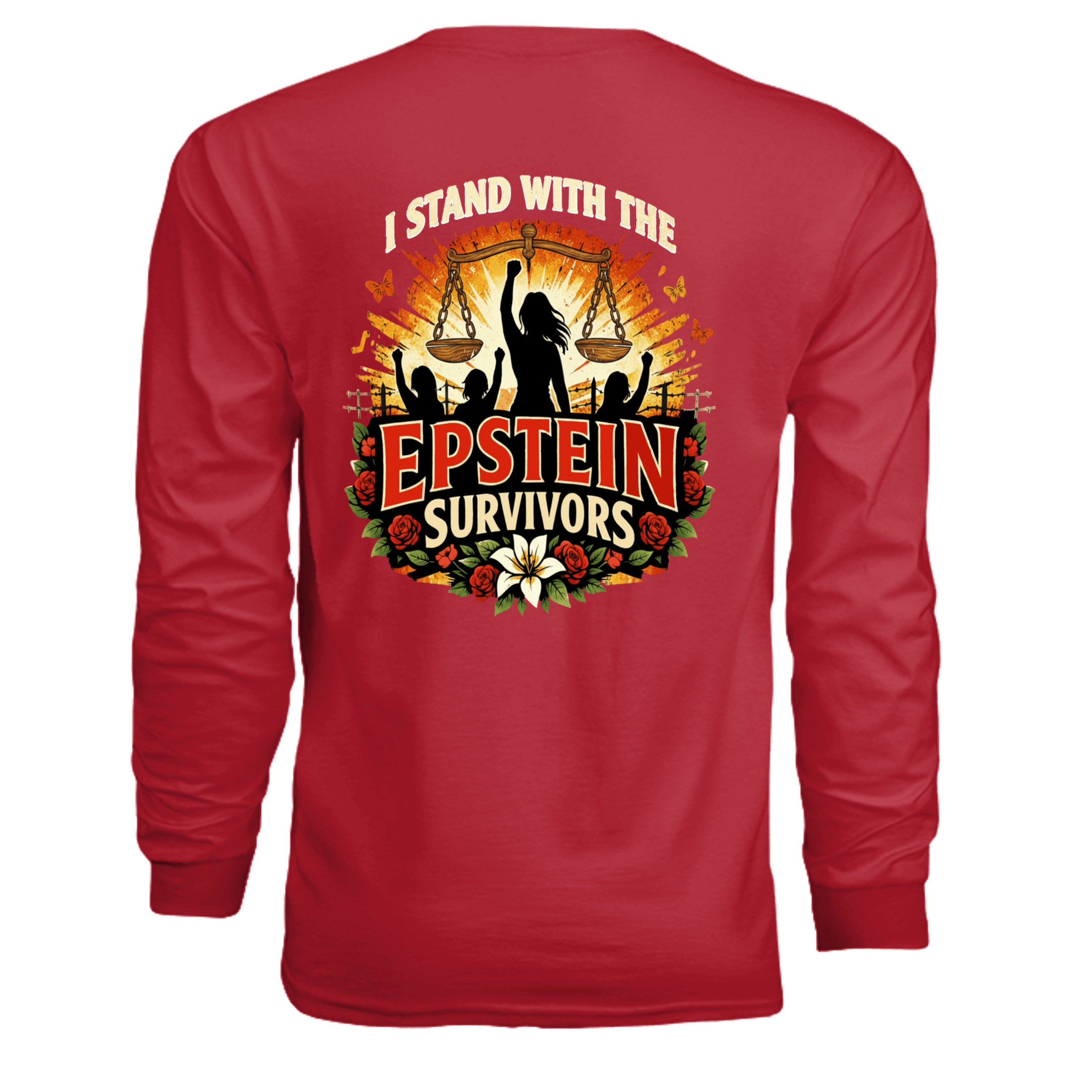 Blooms Of Resilience Epstein Survivors graphic long sleeve shirt on red with scales, silhouettes and roses.