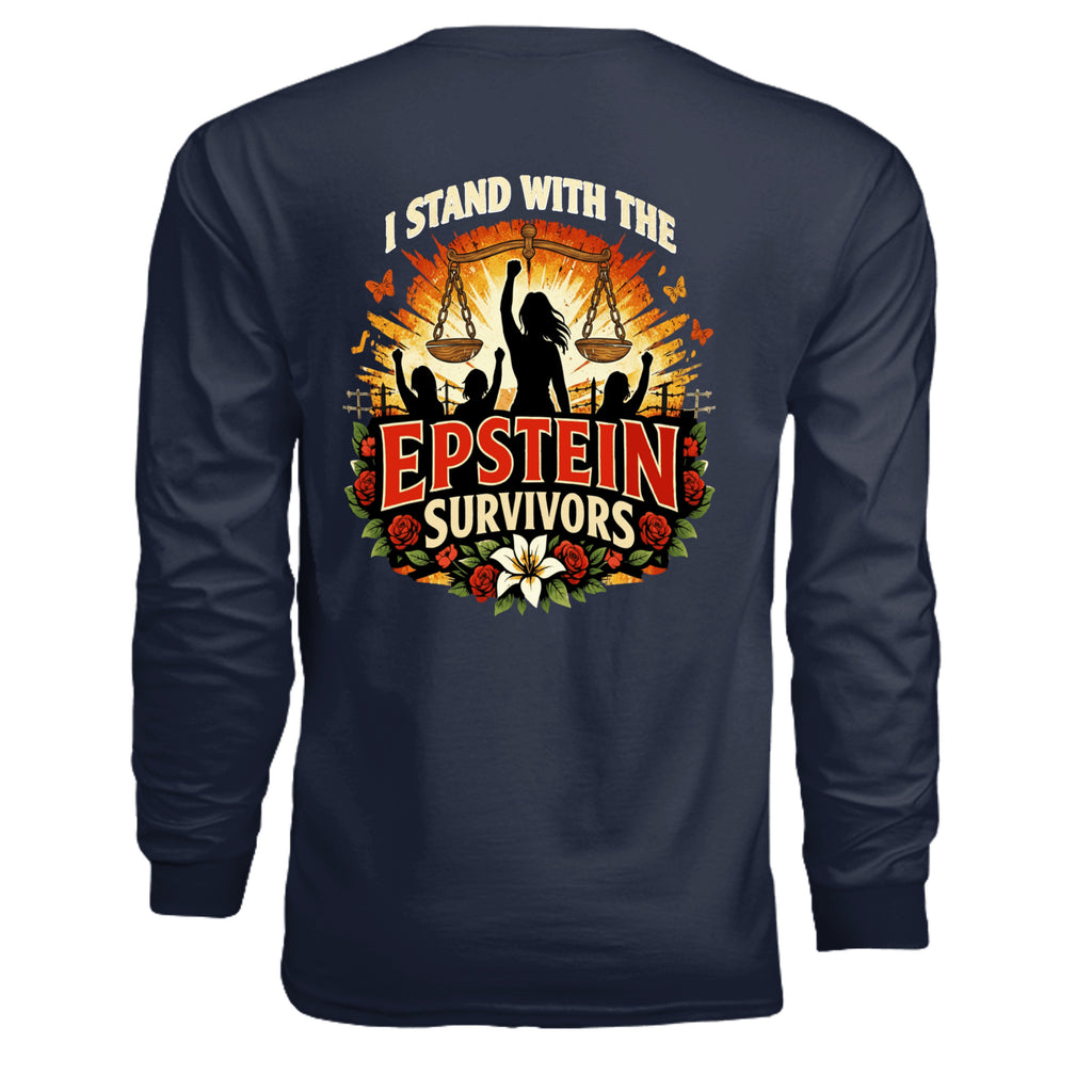 Blooms Of Resilience Epstein Survivors graphic long sleeve shirt with floral border and survivor empowerment message.