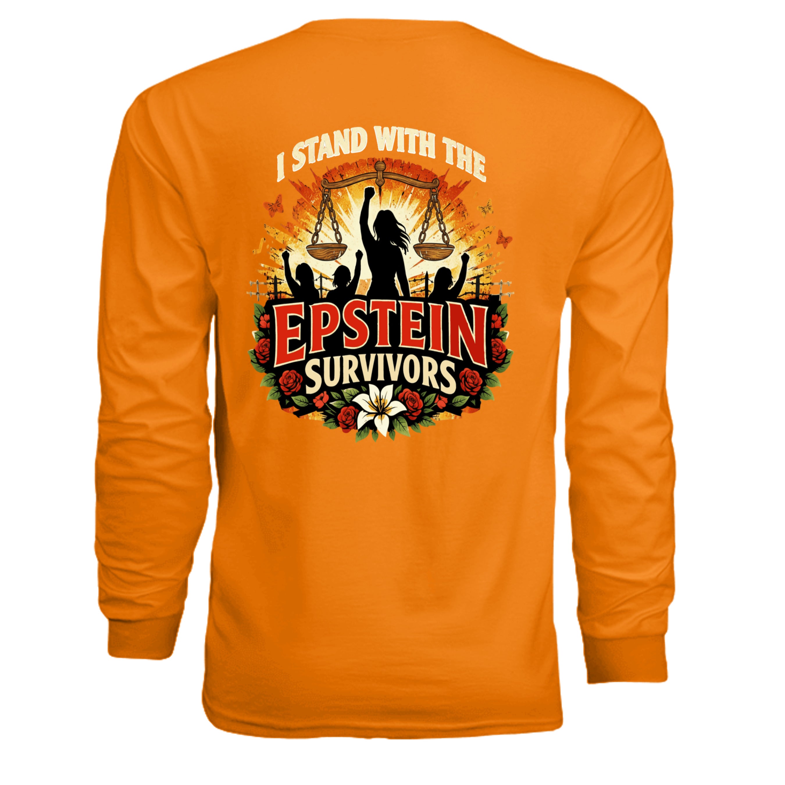 Bright orange Blooms Of Resilience Epstein Survivor long sleeve with raised-arm silhouette, scales, sunburst, and roses