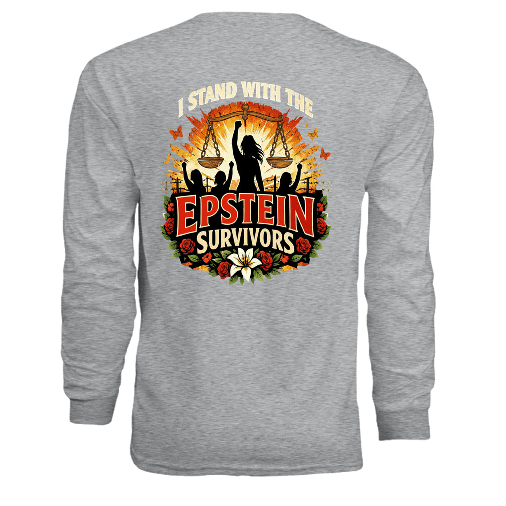 Blooms Of Resilience Epstein Survivor graphic long sleeve shirt with floral border and survivor message.