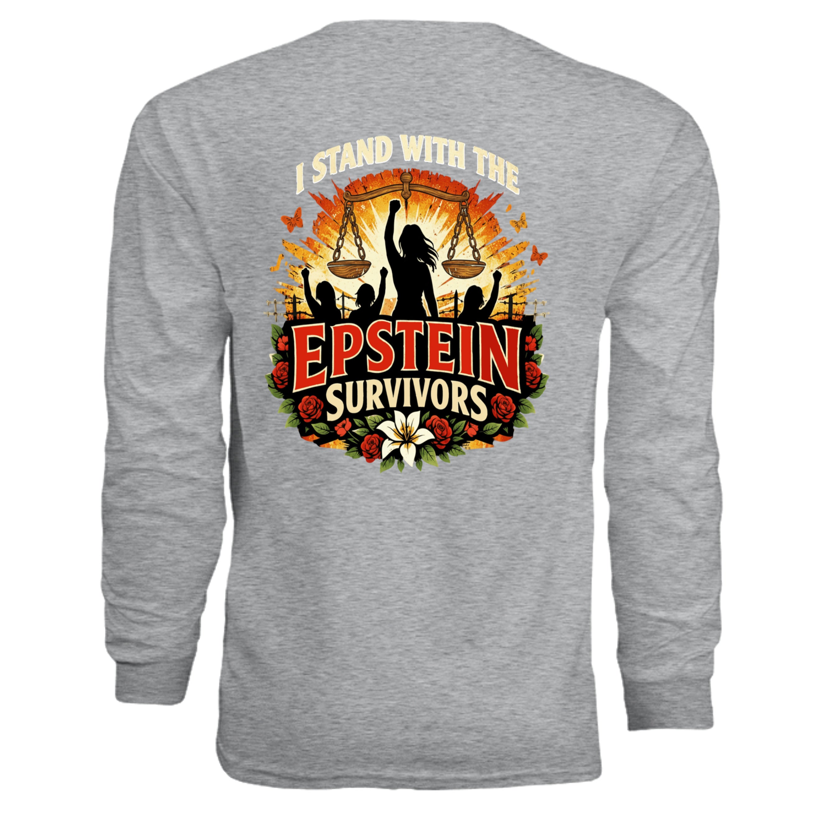 Blooms Of Resilience Epstein Survivor graphic long sleeve shirt with floral border and survivor message.